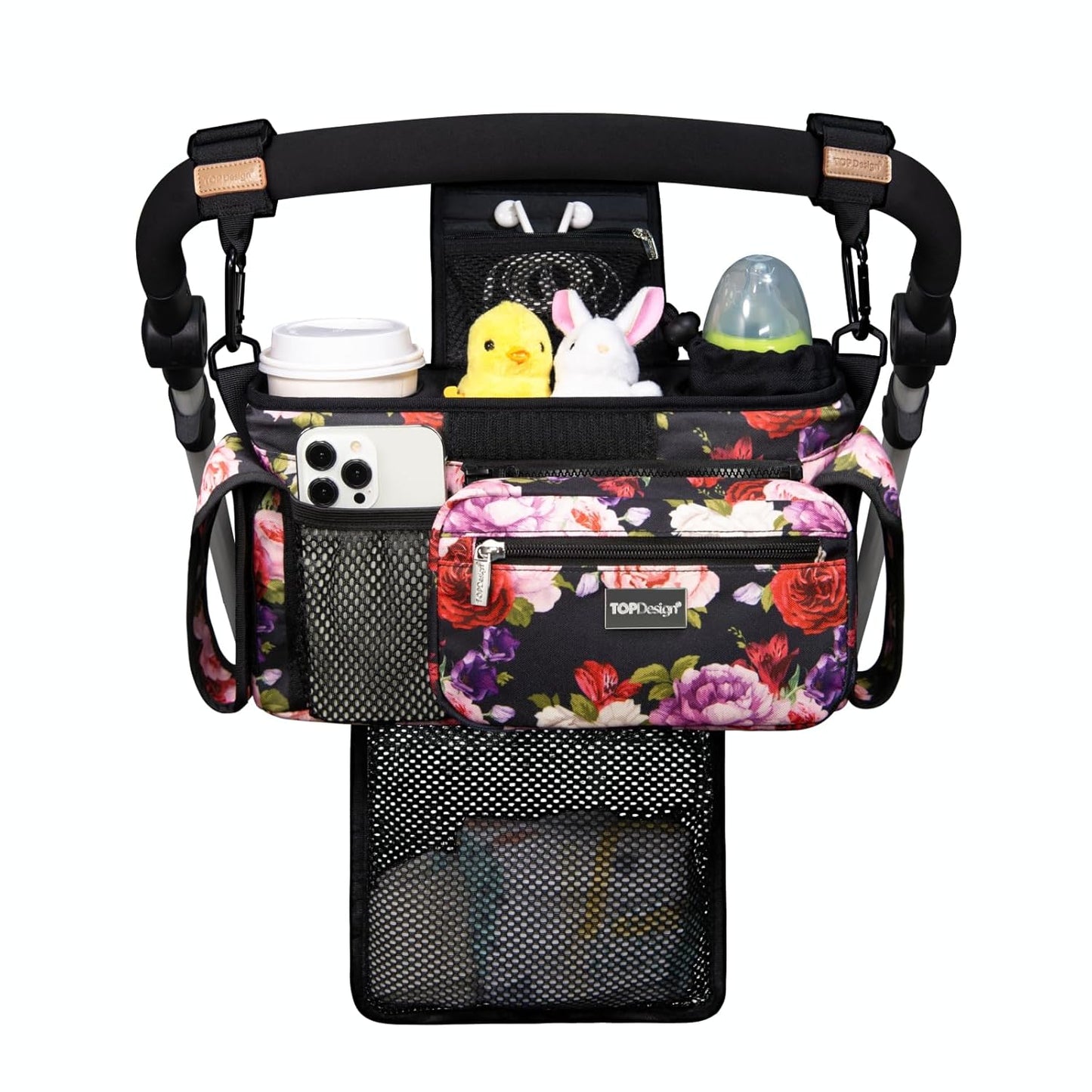 TOPDesign Universal Baby Stroller Organizer, Stroller Caddy with Detachable Mesh Bag & Heightened Insulated Cup Holders & Non-Slip Secure Hooks Accessories, Fits Most Strollers (Ranunculus)
