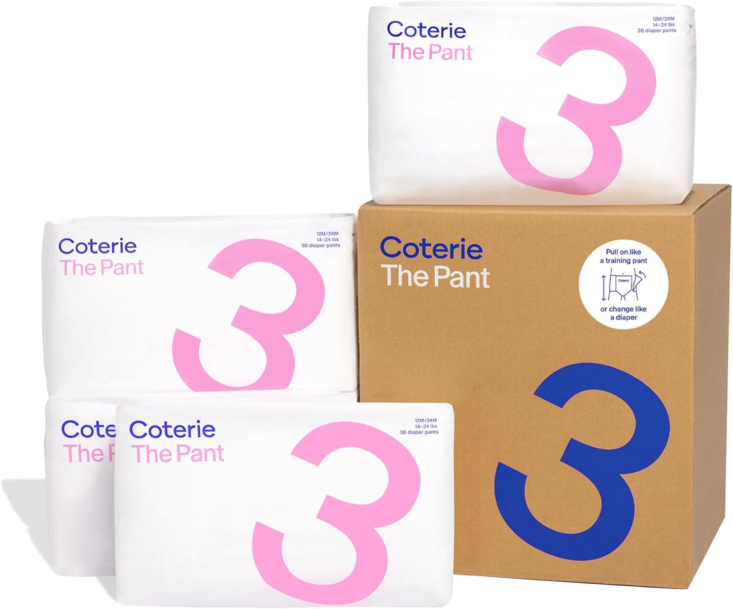 Coterie The Pant, Size 3, Pull Up Style Diapers for Sensitive Skin, Hypoallergenic, Super Absorbent Overnight Leak Protection, 12/24 M (14-24 lbs) 144 Count