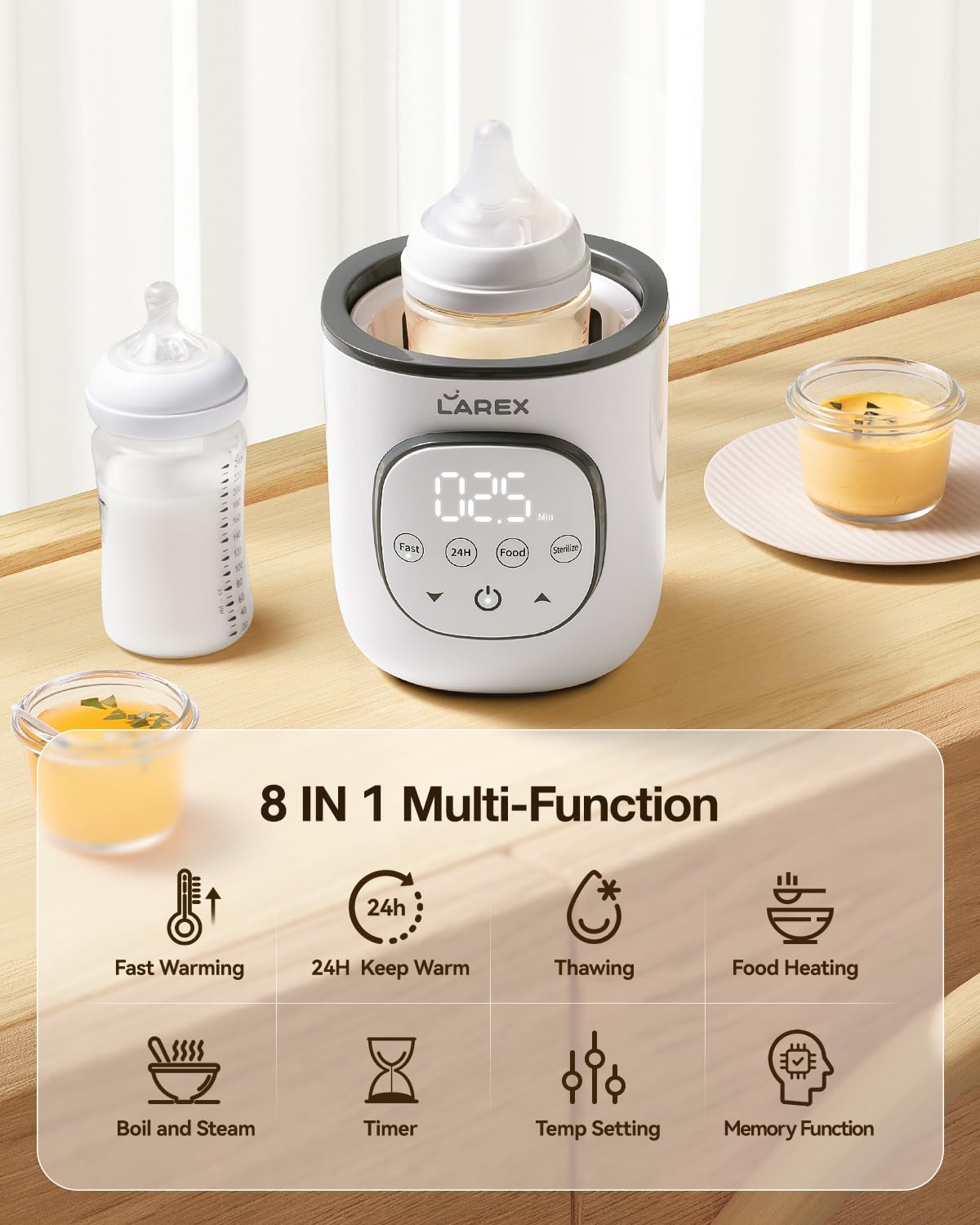 LAREX Bottle Warmer, Fast Baby Bottle Warmer for Breastmilk and Formula, with Timer and Accurate Temp Control, 8 in 1 Baby Milk Warmer BPA Free with Digital Display, Bottle Warmers for All Bottles