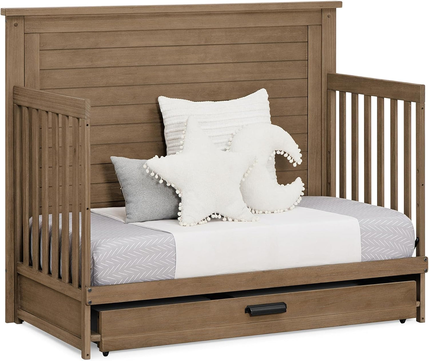 Delta Children Simmons Kids Caden 6-in-1 Convertible Crib with Trundle Drawer, Greenguard Gold Certified, Aged Oak