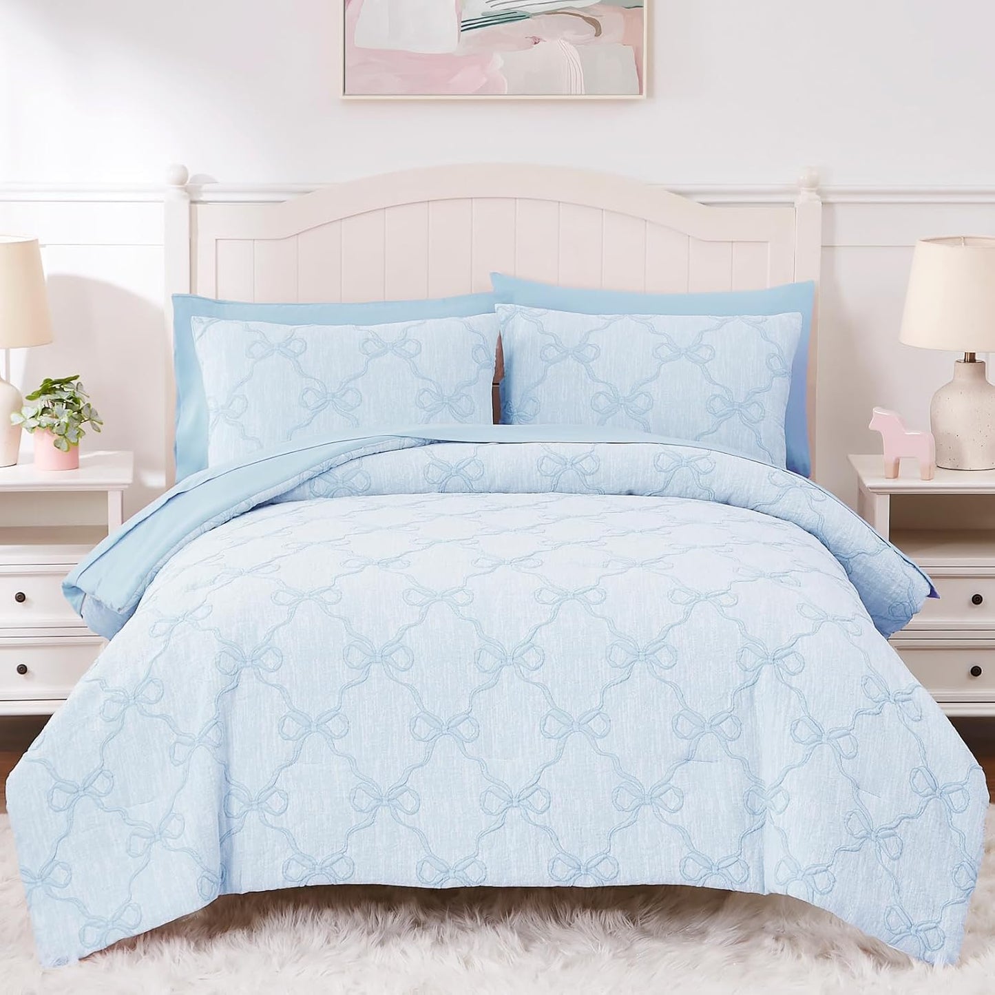 Queen Comforter Set with Sheets for Girls-7 Pieces Queen Bedding Sets with Light Blue Comforter, Sheets, Pillowcases & Shams for Kids (Light Blue Bow Knot, 90" X 90")