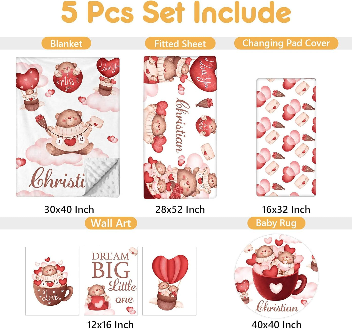 Custom Crib Bedding Set, 5 Pcs Personalized Name Nursery Bedding Set with Double Layer Flannel Blanket, Heart & Bear Baby Crib Set for Girls Boys, Customized Gifts for Infants Babies Toddlers