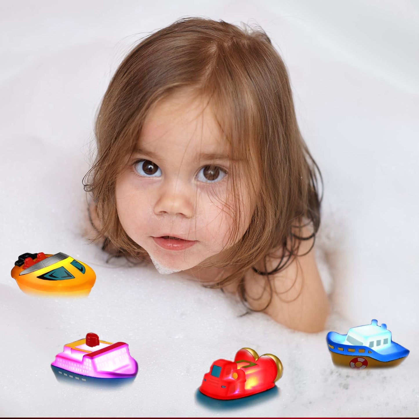 Bath Toys, 6 Packs Light up Boat Floating Rubber Set, Flashing Color Changing Light in Water, Tub Gift for Baby Infant Toddler Child Kid, Bathtub Ship Toy for Bathroom Shower Game Swimming Pool Party