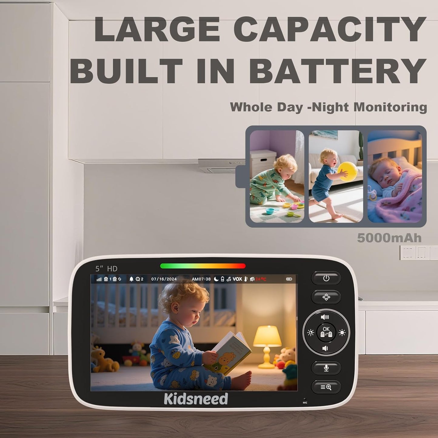 Baby Monitor with Camera and Audio – 720P Baby Camera No Wifi, 5 inch Screen,48 Hours Battery Life, Night Vision, Remote Pan& Tilt& Zoom，Two-Way Talk, Lullabies, Thermal Monitor, 1000ft Range