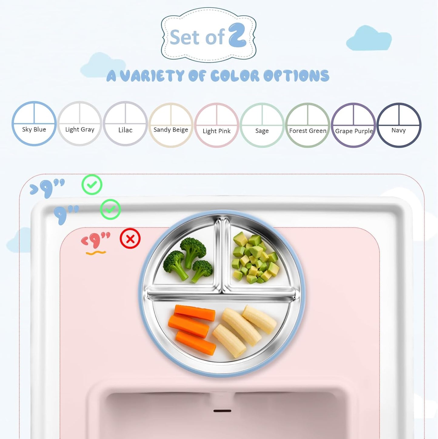 Stainless Steel Toddler Plate with Suction, 9” Divided Plates with Removable Silicone Sleeves for Kids, Non Toxic & BPA Free | Non Slip | Unbreakable Baby Snack Dishes Set of 2, Blue & Gray