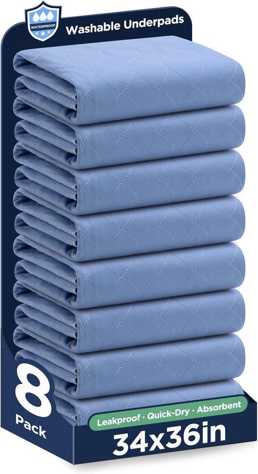 Washable Bed Pads 34" x 36" - 8 Pack, Blue, Waterproof Bed Pads for Incontinence, Bed Wetting Pads for Bed, Sofa, Floor, Resuable Underpads for Adults, Seniors, Pet