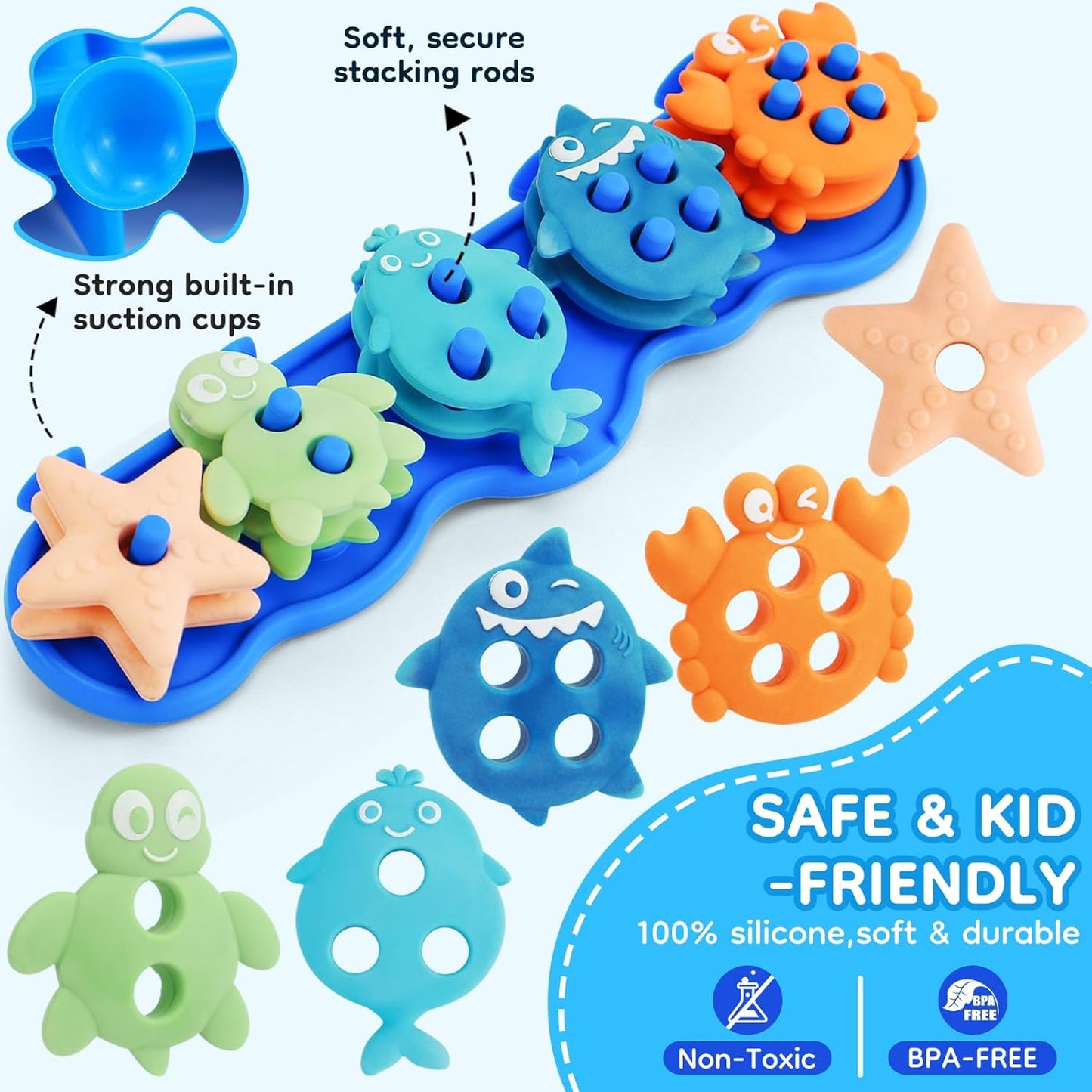 Baby Bath Toys, Mold Free Silcone Shape Sorting & Stacking Bath Toy Set with 10 Cute Floating Pieces, Color & Shape Sorter Toys for Toddler Early Learning Bathtub Fun