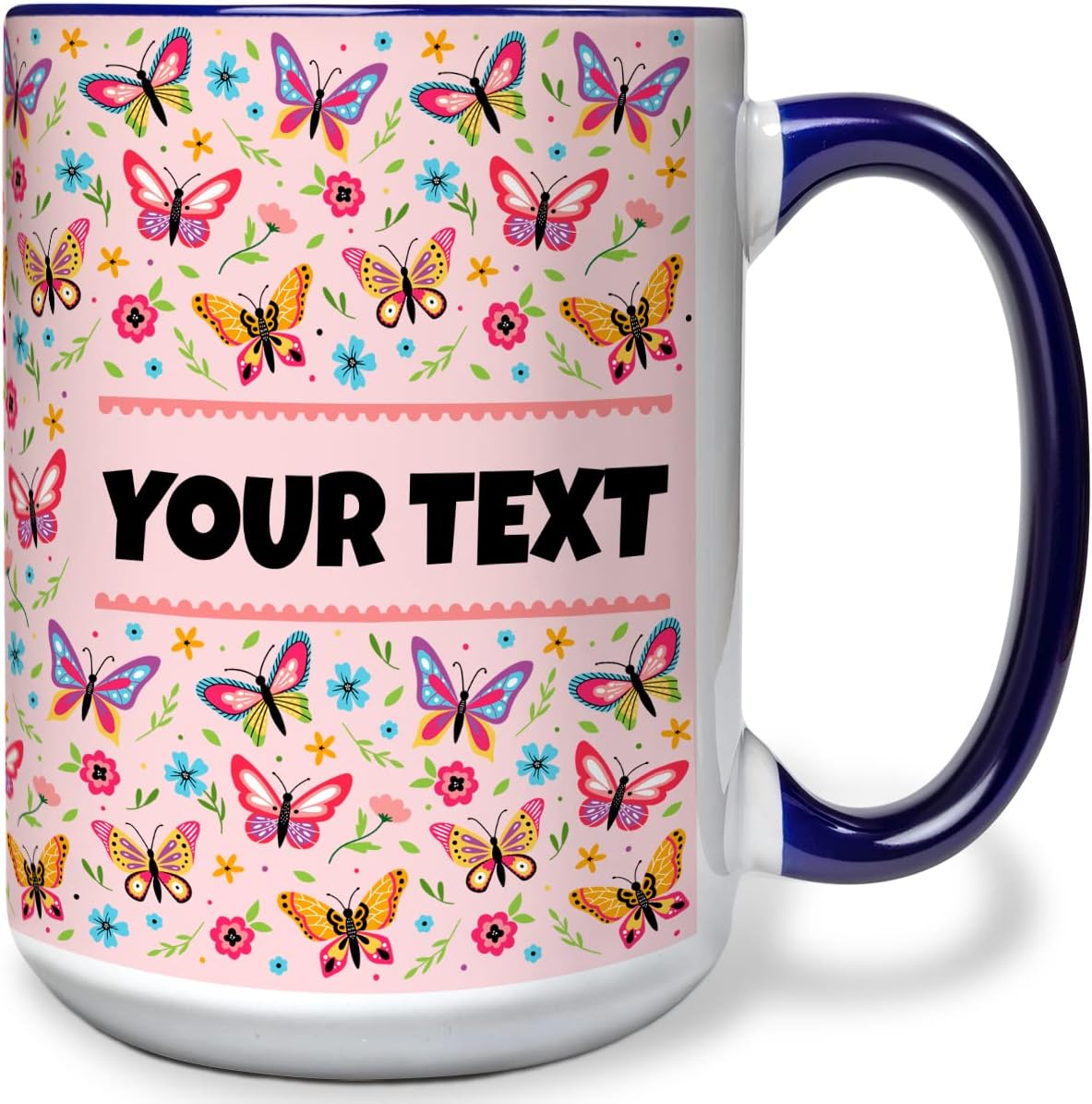 Personalized Mug for Kids - Butterflies - Custom Name/Text, Ceramic Hot Chocolate/Cocoa/Coffee Cup for Girls, Birthday/Christmas/Holiday Gift - 15 oz, Navy Blue Handle