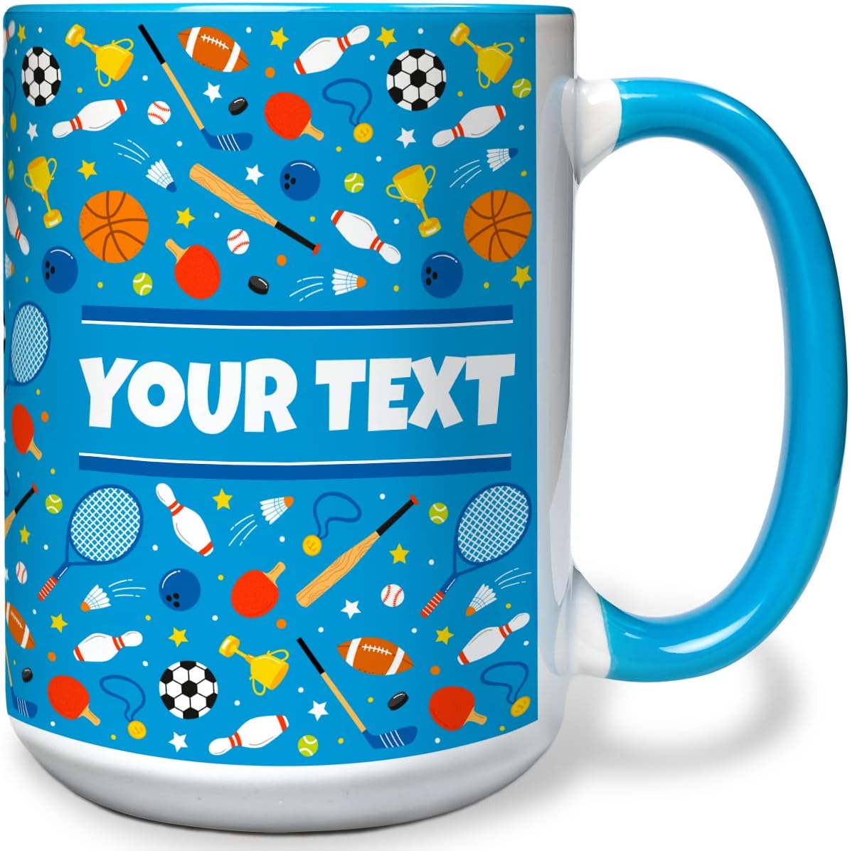 Personalized Mug for Kids - Sports - Custom Name/Text, Ceramic Hot Chocolate/Cocoa/Coffee Cup for Boys/Girls, Birthday/Christmas/Holiday Gift - 15 oz, Light Blue Handle