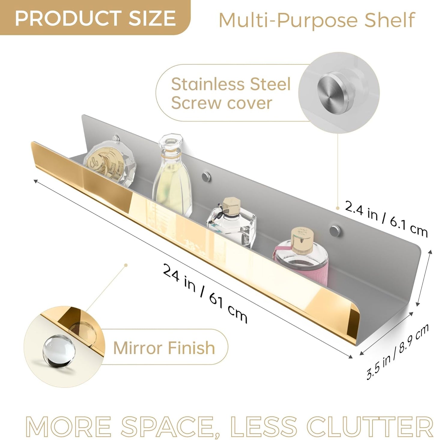 2 Pack 24 Inch Gold Reflective Acrylic Shelves, Gold Foating Shelves, Modern Sunglasses Essential Oil Picture Ledge Display Toy Storage Shelf