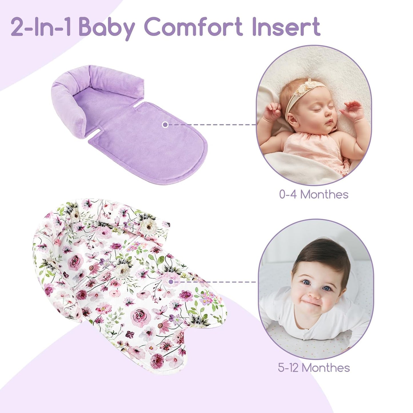 GFU Baby Car Seat Head Support for Newborn, 2 in 1 Infant Car Seat Head Body Support with Strap Pads, Soft Stroller Cushion Pillow Insert for Girls and Boys, Fits for Stroller, Swing, Purple Floral