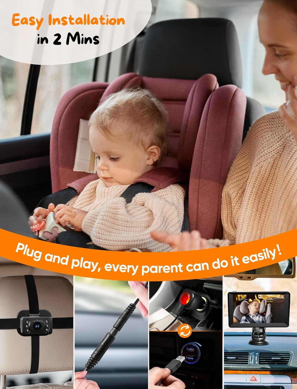 Baby Car Camera for 2 Kids - 7 Inch HD1080P Split Screen Baby Monitor with Dual Backseat Camera 150° Wide View & 360° Rotatable, Night Vision Easy Install, Rear-Facing Baby Car Mirror