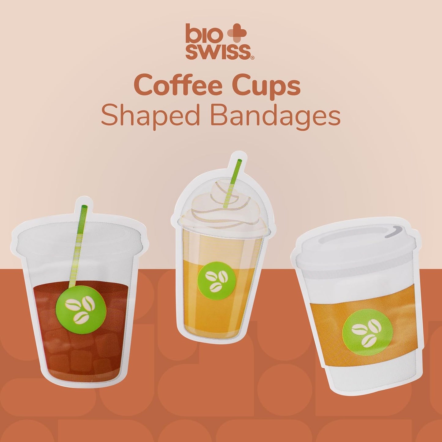 BioSwiss Bandages, Coffee Cup Shaped Self Adhesive Bandage, Latex Free Sterile Wound Care, Fun First Aid Kit Supplies for Kids, 24 Count