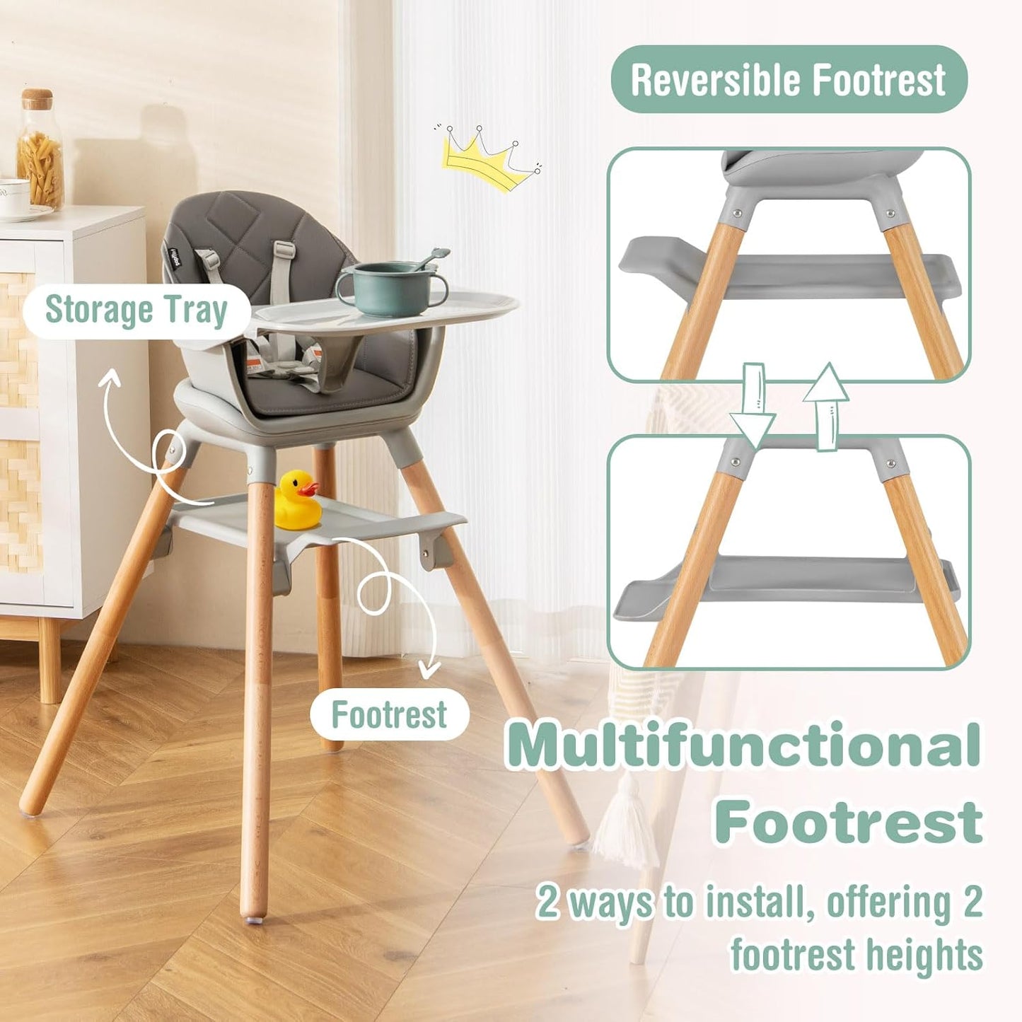 BABY JOY Baby High Chair, 6 in 1 Convertible Wooden Highchair for Babies & Toddlers with Adjustable Legs, Removable Double Tray, Safety Harness & Waterproof PU Cushion (Gray)