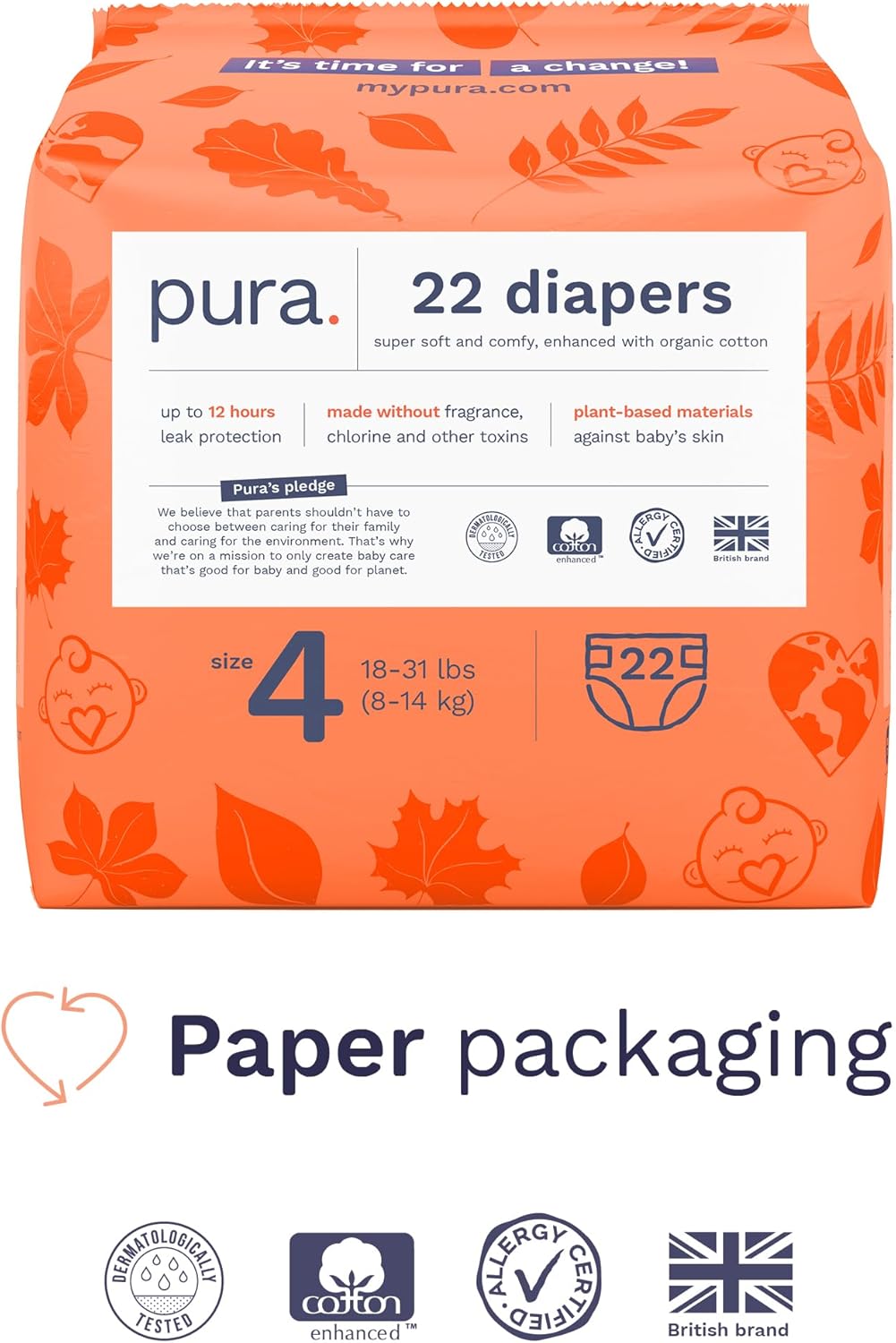 Pura Size 4 Diapers, 66 Count, Unisex, Organic Cotton, Leak-Free, Plant-Based, Dermatologically Tested, Allergy-Certified, Carbon Neutral, B-Corp