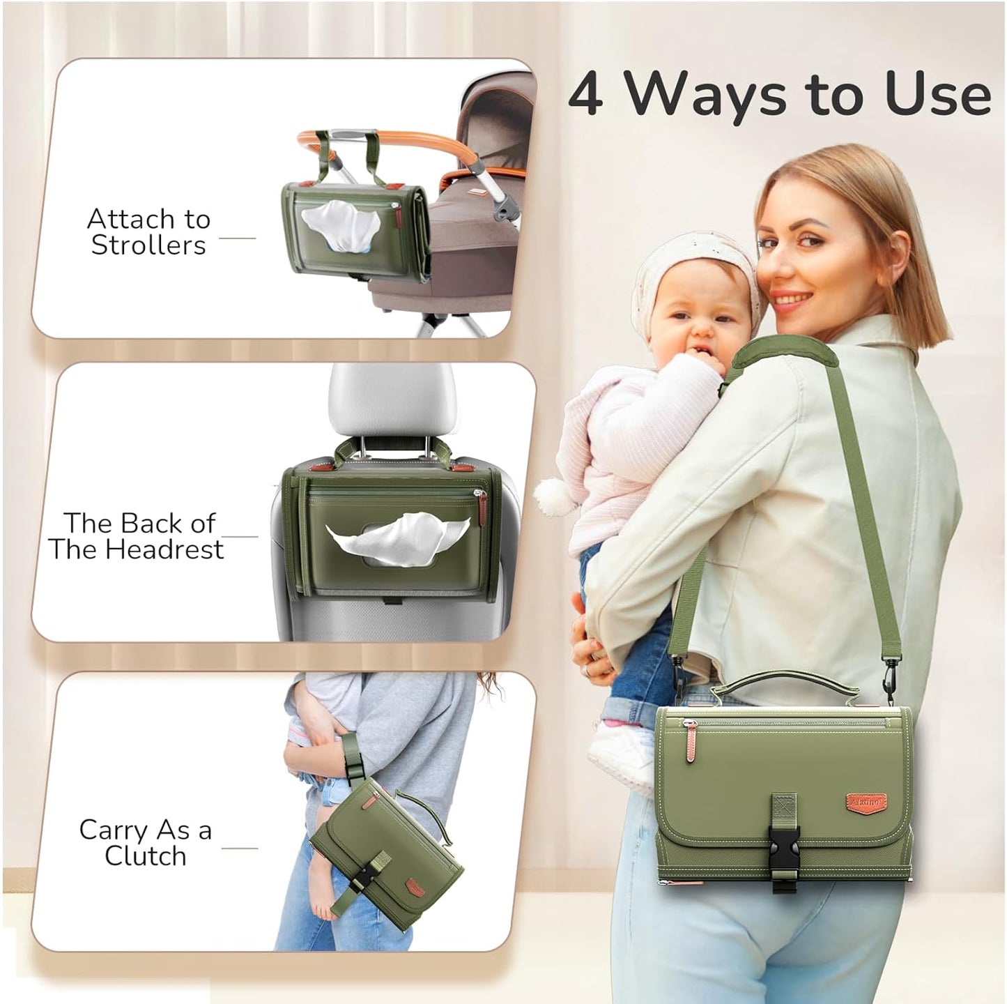 Portable Diaper Changing Pad with Shoulder Strap, Detachable Travel Changing Pad with Baby Wipes Pocket, Gifts for Baby Shower, Newborn Girls and Boys (Army Green)