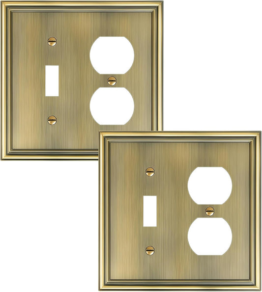 2-Pack Combo Toggle/Duplex Light Switch Cover Plate, Antique Brass Wall Outlet Cover Plate, Decorative Wall Receptacle Cover for Electrical Outlets, Light Switch, Durable Solid Zinc Alloy