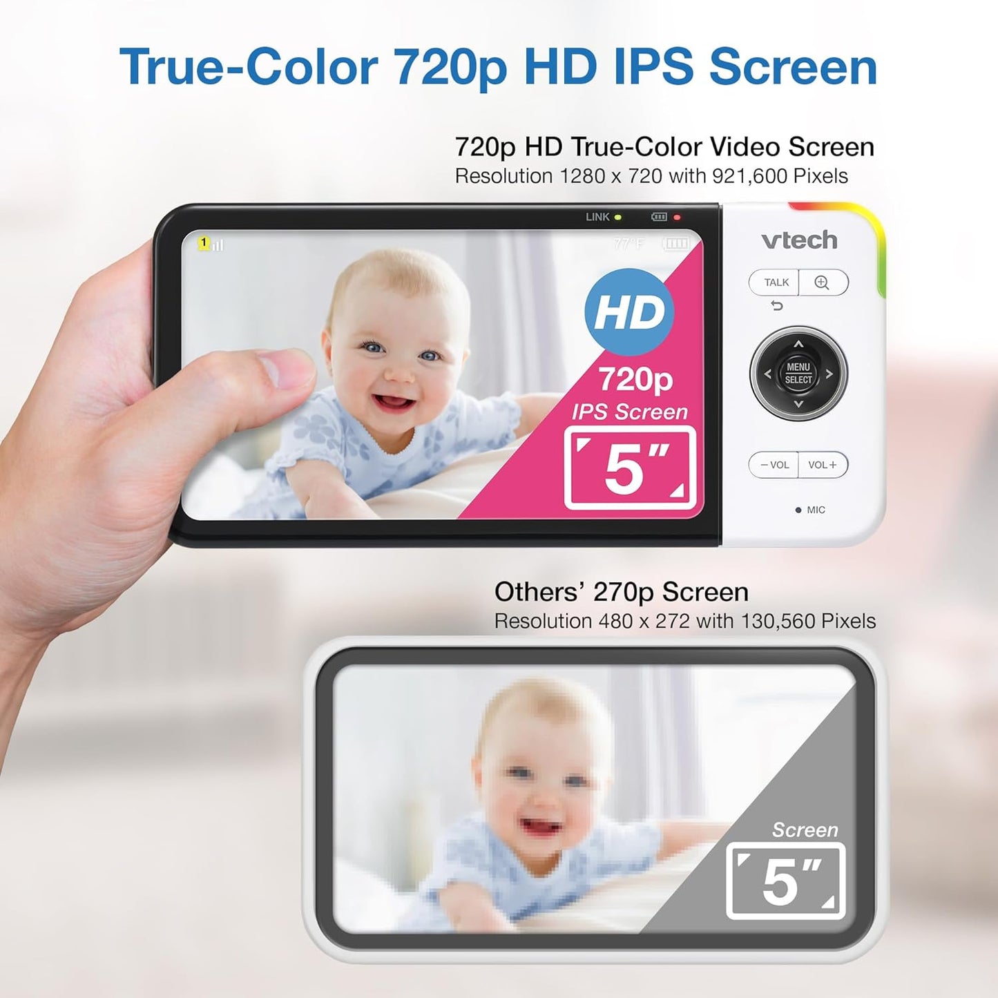 VTech VM928-2HD 5” 720p HD Display 2 Cameras Baby Monitor,110 Wide Angle View,Remote Pan-Tilt-Zoom,Night Vision,Up to 1000ft Range,Temperature Sensor,9 Soothing Sounds & Lullabies,2-Way Talk,No WiFi