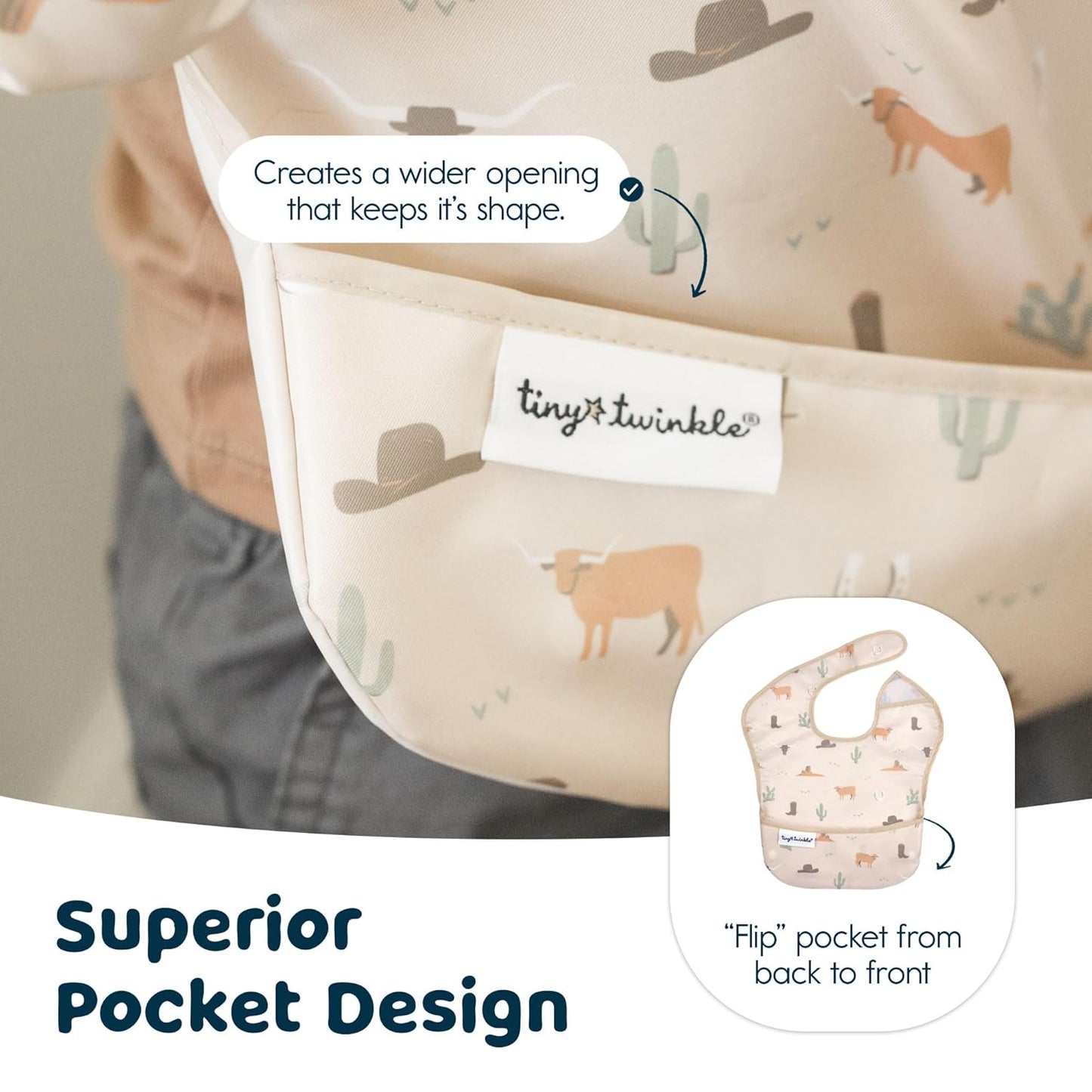 Tiny Twinkle Mess Proof Baby Bibs for Eating - Waterproof, Wipeable Bibs - Toddler Bibs - Travel Friendly - PFAS, PVC, BPA, Phthalate Free - Baby Food Bibs(3 Pack,Cowboy)