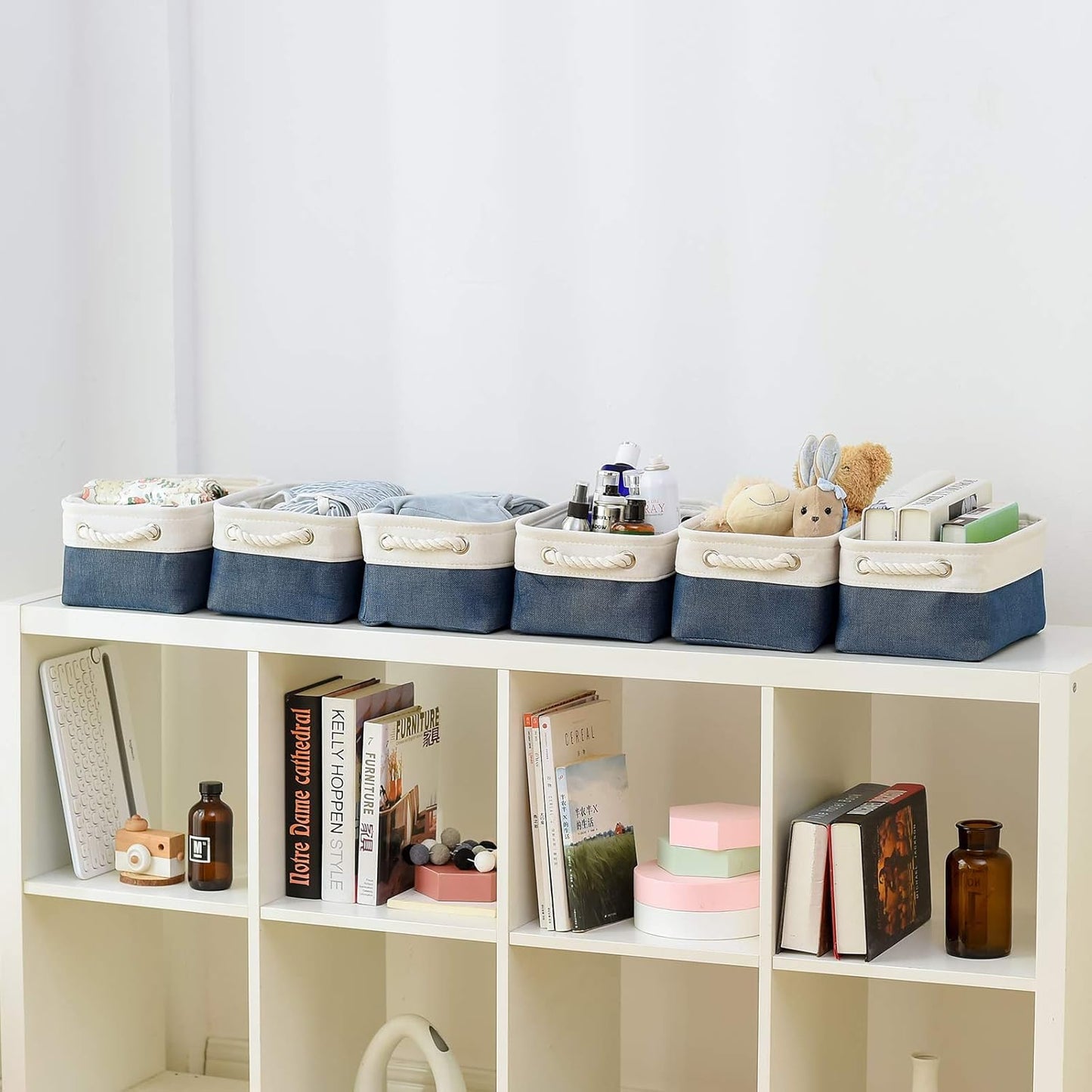 Storage Basket for Organizing - 12x8x5.2 inch Small 6 Pack Fabric Storage Bin Collapsible Baskets for Shelves with Rope, Storage Box for Cloth Decorative Laundry Canvas(White & Blue)