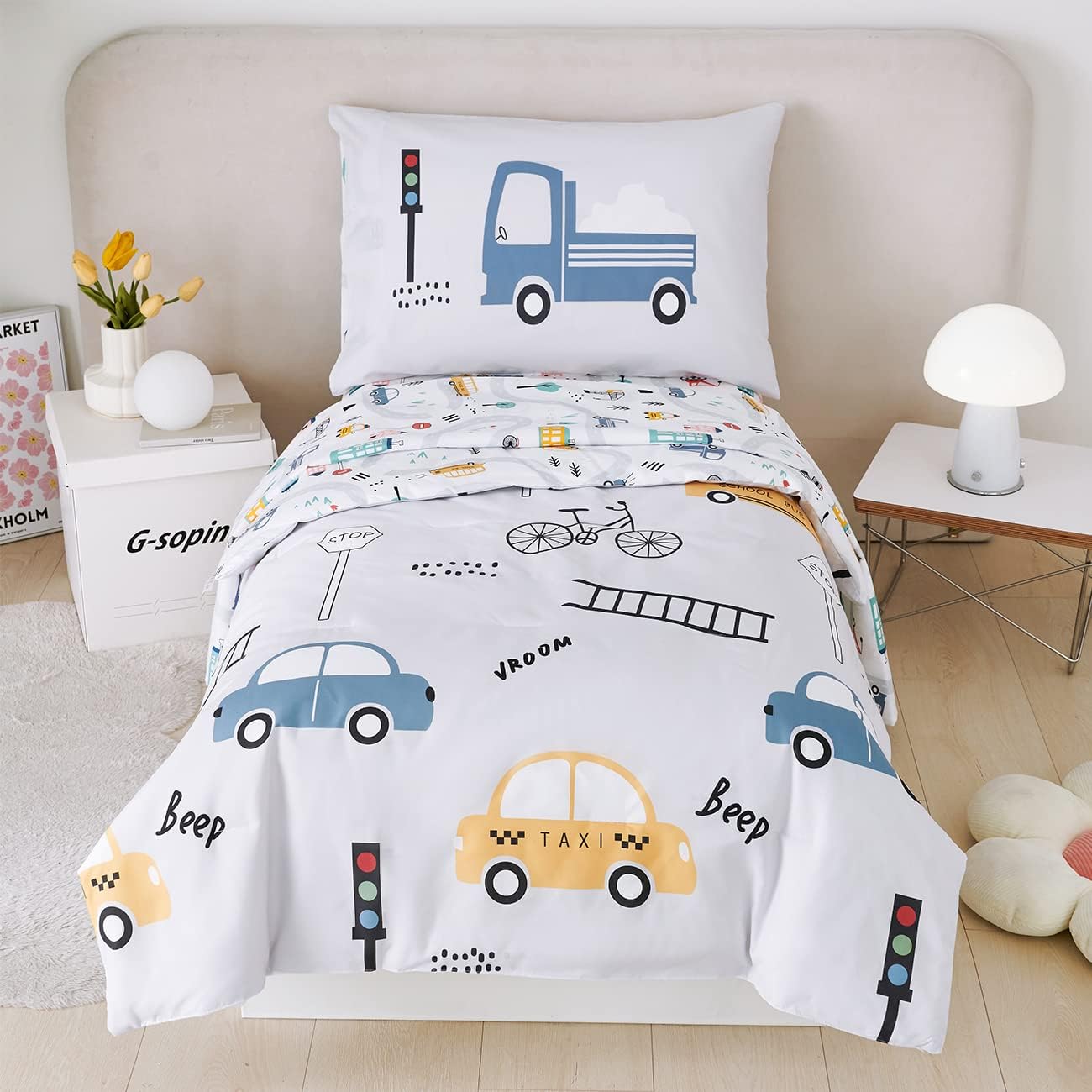 PERFEMET 4 Pcs Toddler Bedding Set - Soft Reversible Cars, Bus, Trucks Print Toddler Bed Set for Boys & Girls - Matching Sheet Set (Light Grey, Taxis/Bus/Trucks)