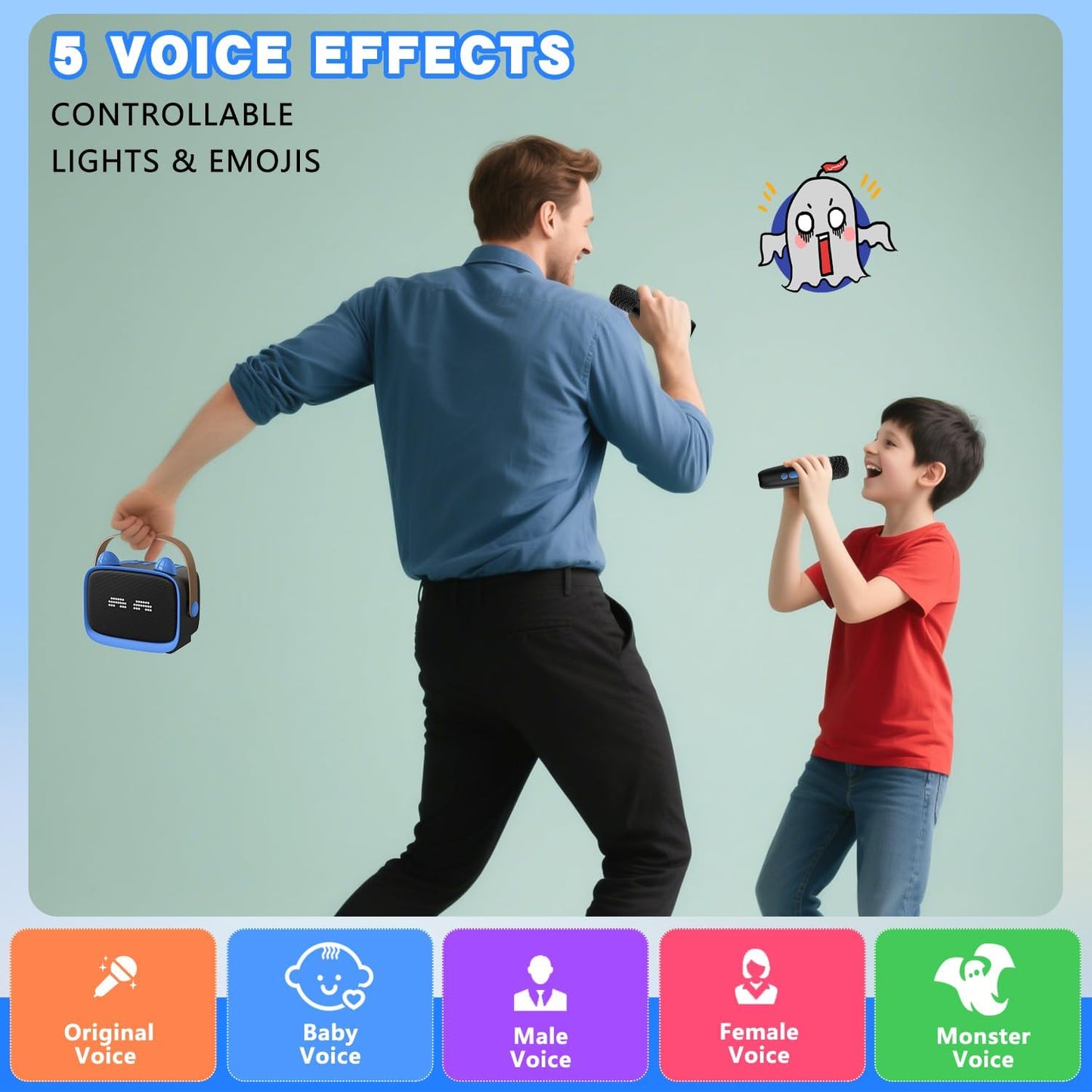 Mgaolo Upgraded Mini Karaoke Machine Toy for Kids, Portable Bluetooth Speaker with 2 Wireless Mics, Emoji & Colorful LED Lights, Home Travel & Party Play Gifts for Boys Girls (Blue)