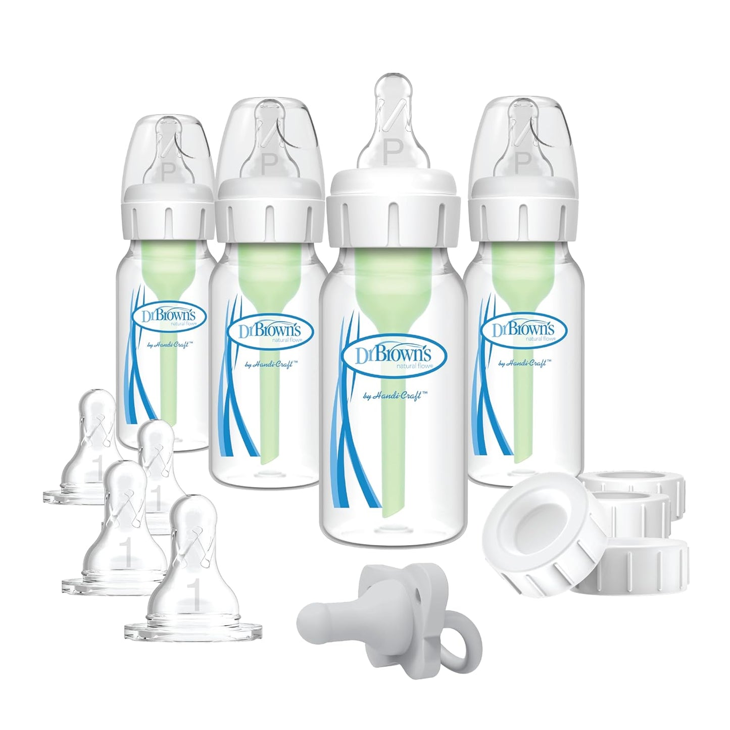 Dr. Brown's Anti-Colic Breast to Bottle Feeding Set with Slow Flow Nipples, Travel Caps, and Silicone Pacifier - Gray