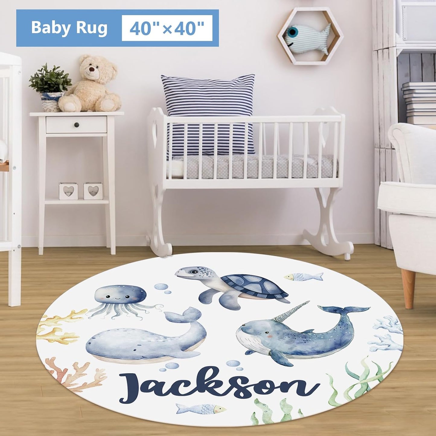 Personalized Baby Crib Bedding Set, 5 Pcs Custom Name Baby Bedding Set, Double Layer Nursery Bedding Set, Ocean Animal Baby Crib Set for Girls Boys, Gift for Toddler Infant Baby New Parents