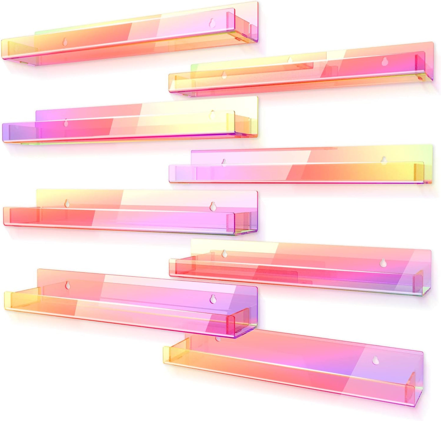 8 Pack 15 Inch Iridescent Acrylic Shelves, Clear Rainbow Kids Floating Bookshelf for Kids Room, Modern Sunglasses Essential Oil Picture Ledge Display Toy Storage Wall Shelf