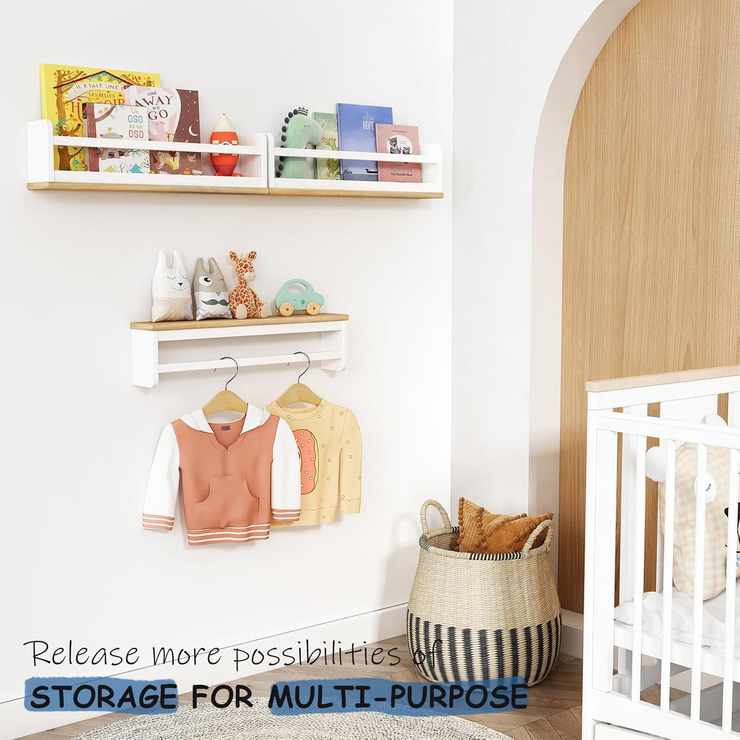 Nursery Floating Book Shelves for Wall, 24 Inch Long Wall Bookshelf for Kids Room, White and Natural Wood Baby Toddler Child Hanging Bookshelves for Kids Bathroom Bedroom (Upgraded Set of 3)