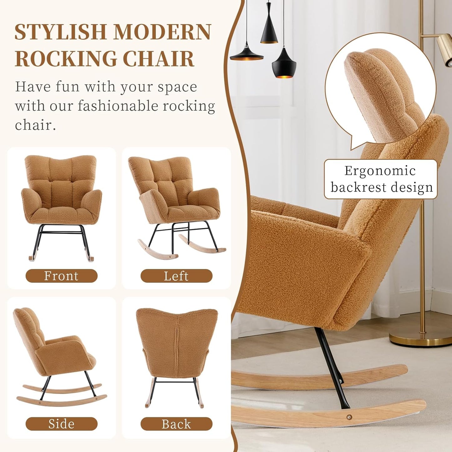 NIOIIKIT Nursery Rocking Chair Teddy Upholstered Glider Rocker Rocking Accent Chair Padded Seat with High Backrest Armchair Comfy Side Chair for Living Room Bedroom Offices (Kahaki Teddy)