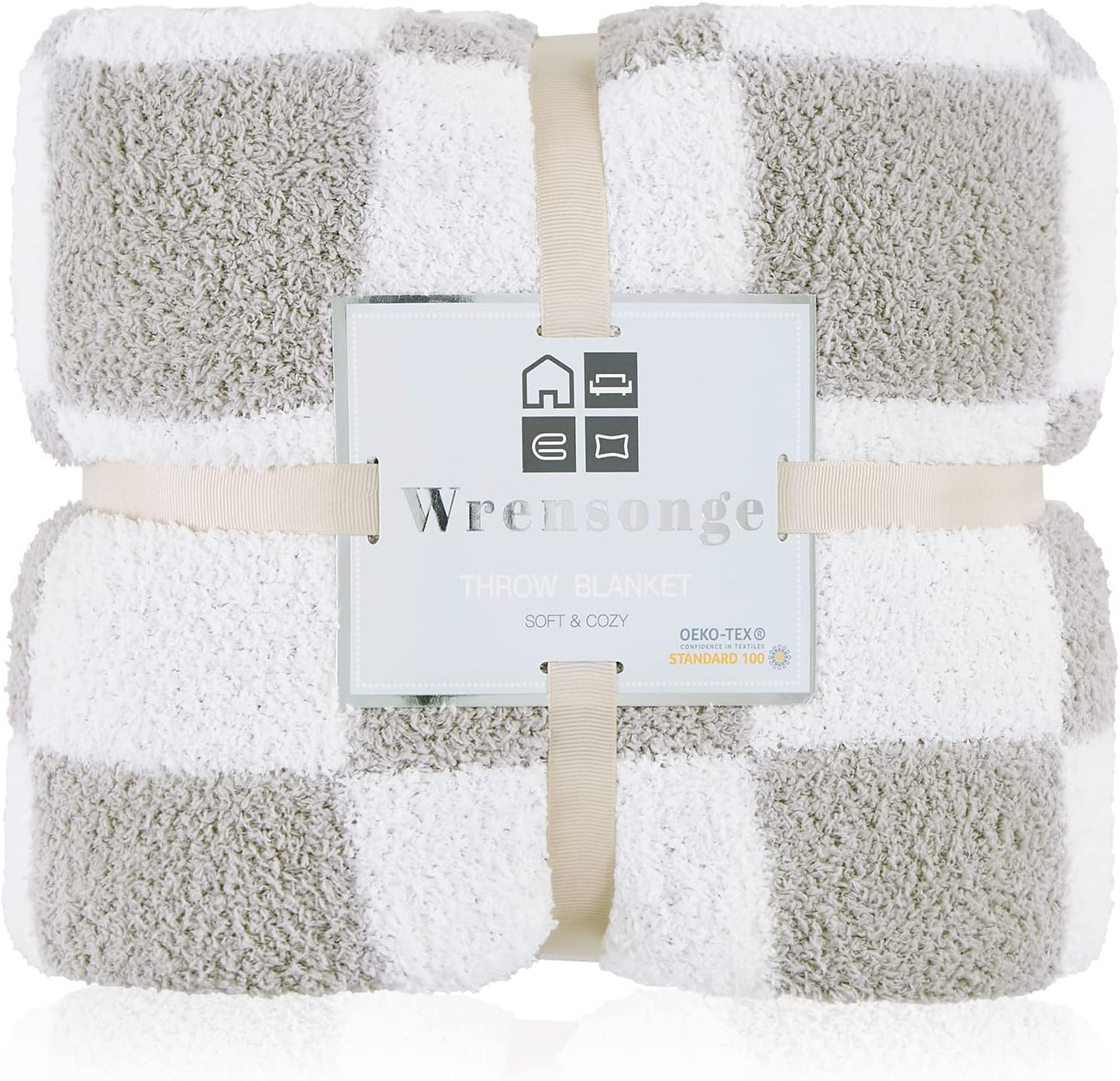 WRENSONGE Checkered Throw Blanket, Light Grey Soft Cozy Fluffy Warm Hand Made Throw Blankets for Couch, Sofa, Chair, Bed, Camping, Picnic, Travel Lightweight Bed Blanket - 60 * 80