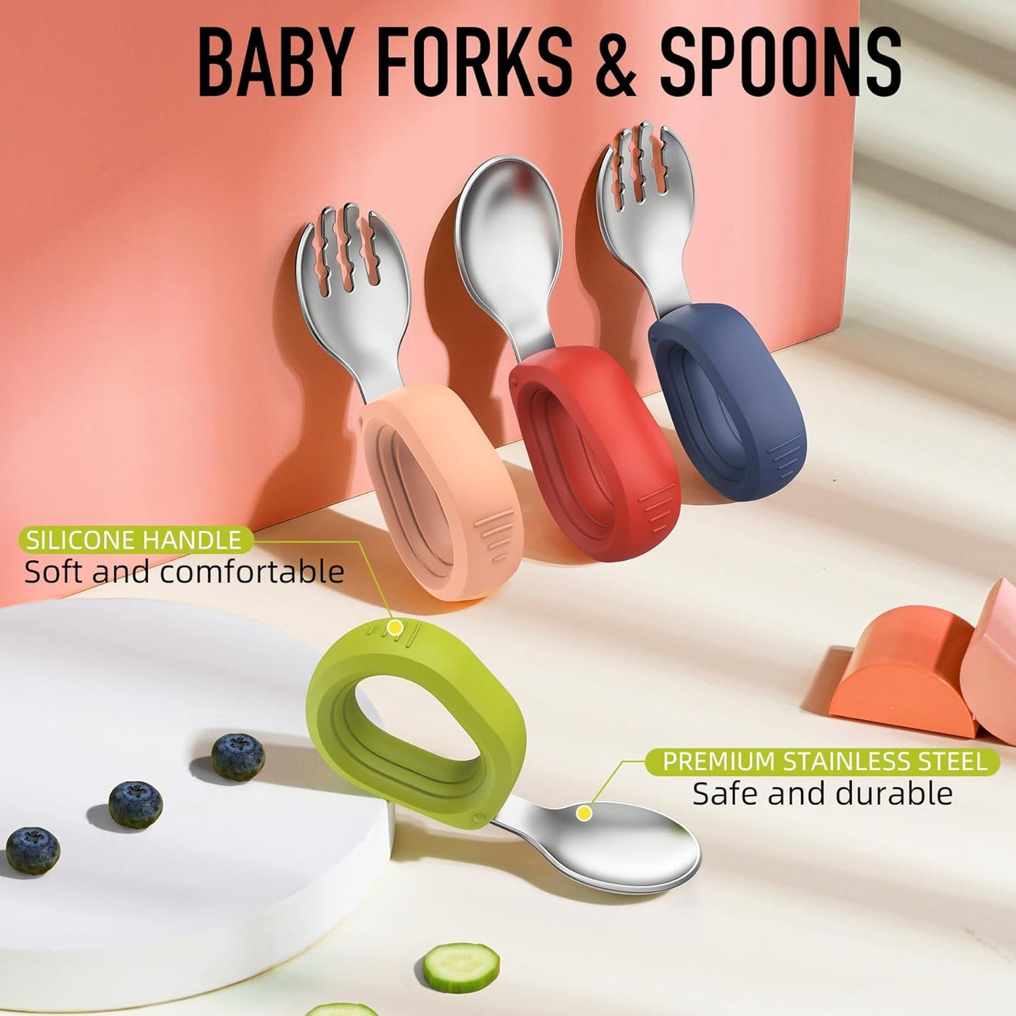 Toddler Utensils - Baby Forks and Spoons Set - Kids Stainless Steel Silverware - Children Safe - Self Feeding - Dishwasher Safe (Orange + Green)