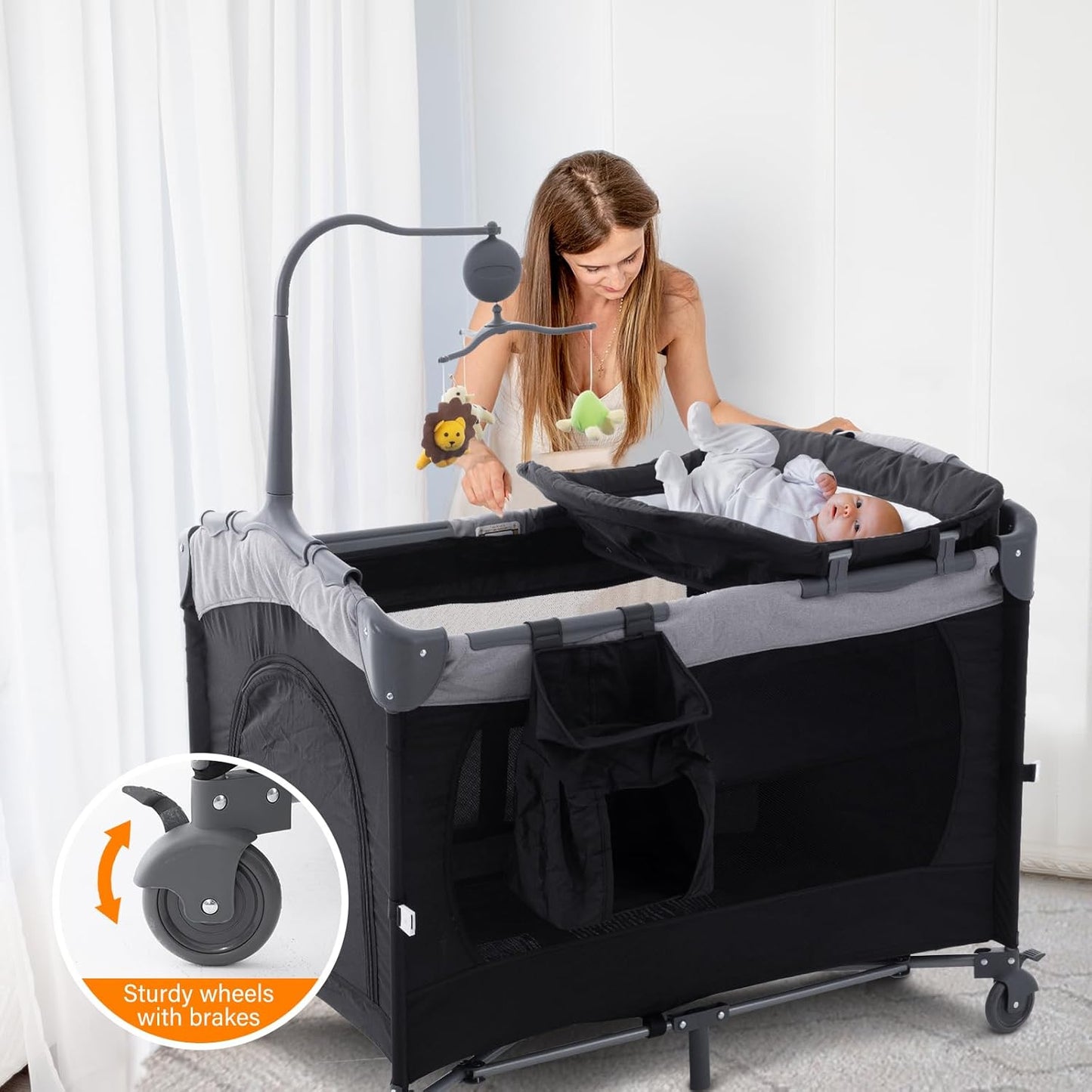 5 in 1 Baby Crib,Bedside Sleeper Bassinet,Pack and Play with Bassinet and Changing Table,Portable Travel Playpen Music Box,Portable Travel Crib for Infant Newborn (Black Gray)