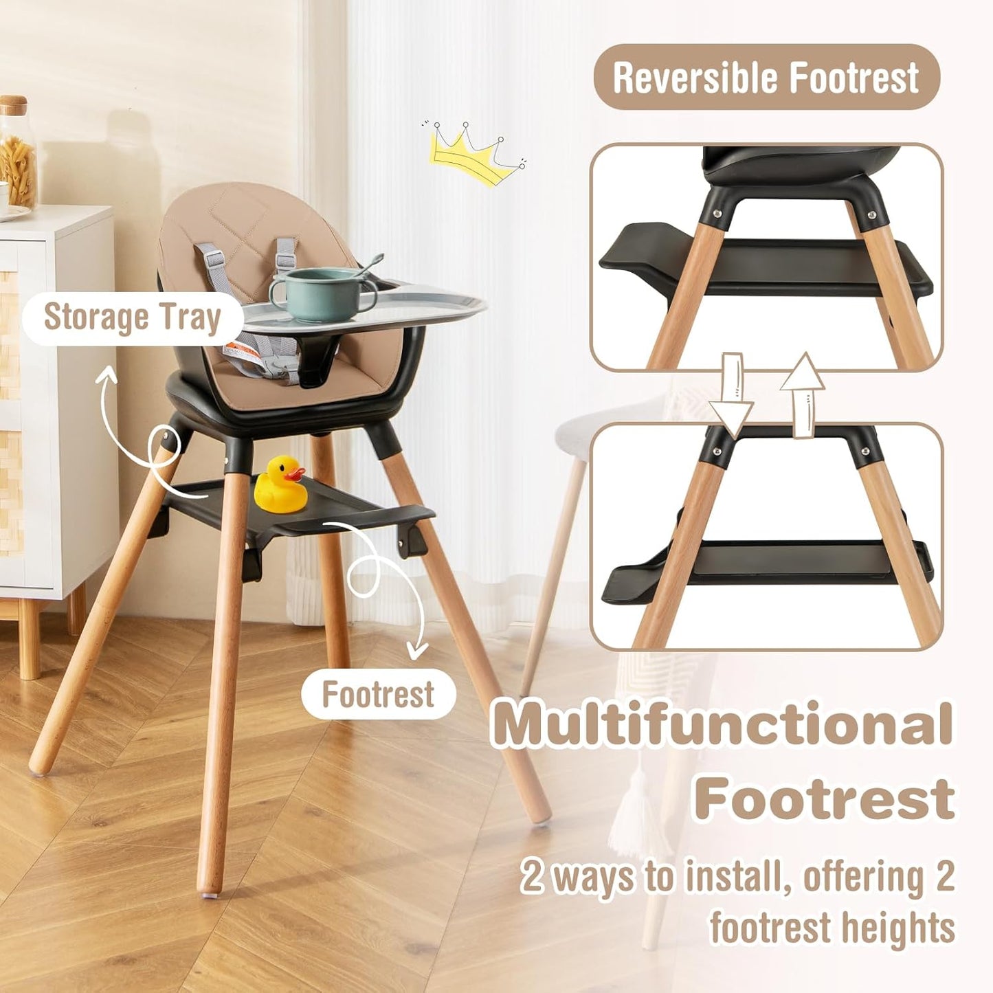 BABY JOY Baby High Chair, 6 in 1 Convertible Wooden High Chair for Babies & Toddlers with Adjustable Legs, Double Removable Tray, Safety Harness & Waterproof PU Cushion (Coffee)