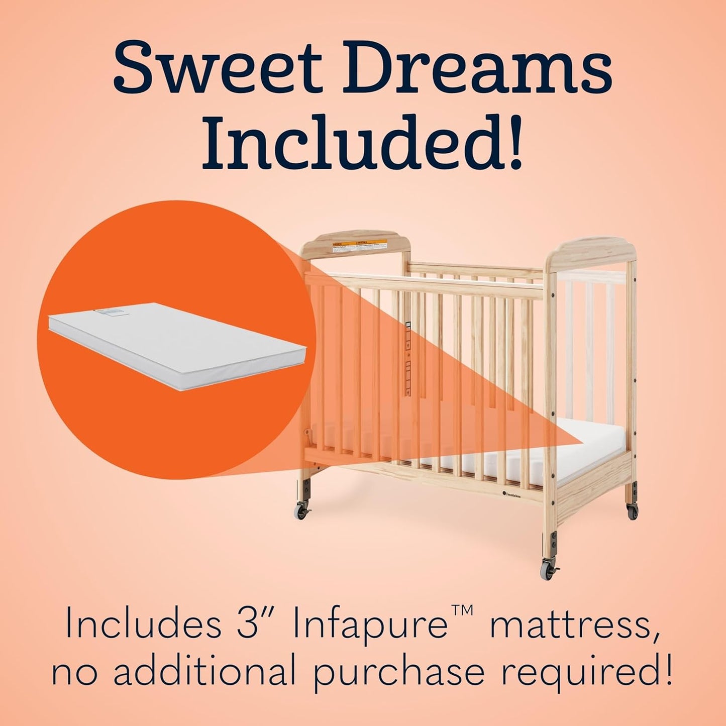 Foundations Serenity Compact Daycare Crib, Fixed Side, Features Mirrorview End Panels and Slatted Side Panels, Durable Wood Construction, Includes 3” InfaPure Foam Mattress (Natural)