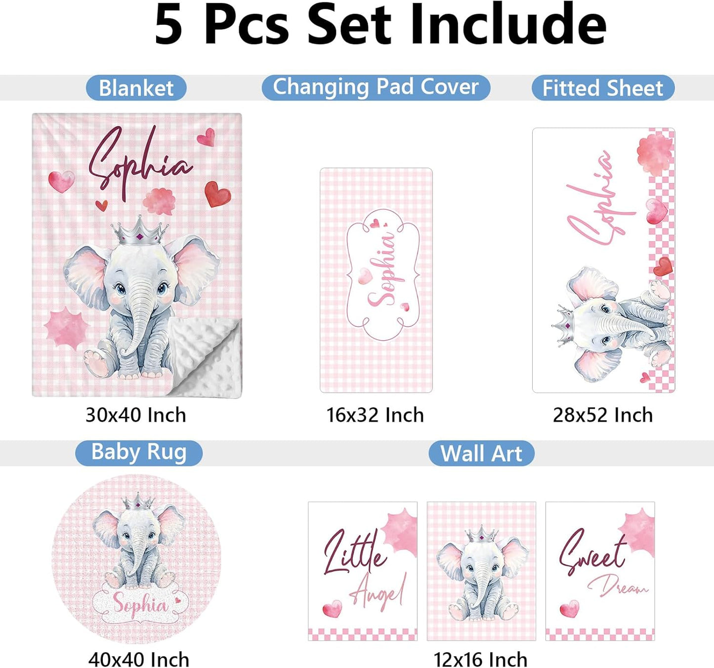 Personalized Baby Crib Set, 5 Pcs Custom with Name, Soft Elephant Crib Bedding, Double Layer Toddler Infant Bedding, New Parents Gifts