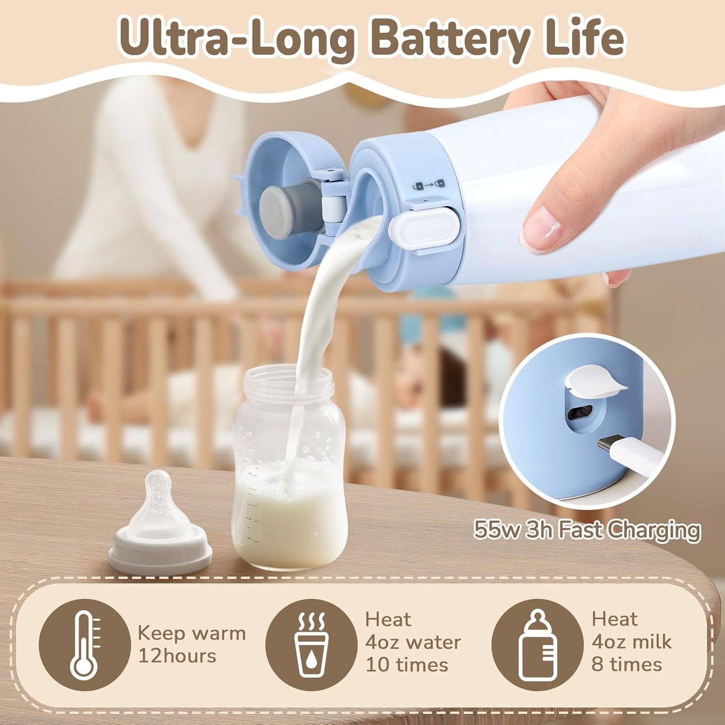 BEBOAN Portable Bottle Warmer for Travel On The Go, Portable Milk Warmer 5-Temp Setting with Lock 12oz Large Capacity 55W Fast Charging & Cordless for Heating Breast Milk/Formula Water Warmer