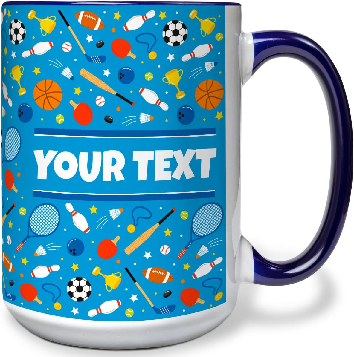 Personalized Mug for Kids - Sports - Custom Name/Text, Ceramic Hot Chocolate/Cocoa/Coffee Cup for Boys/Girls, Birthday/Christmas/Holiday Gift - 15 oz, Navy Blue Handle