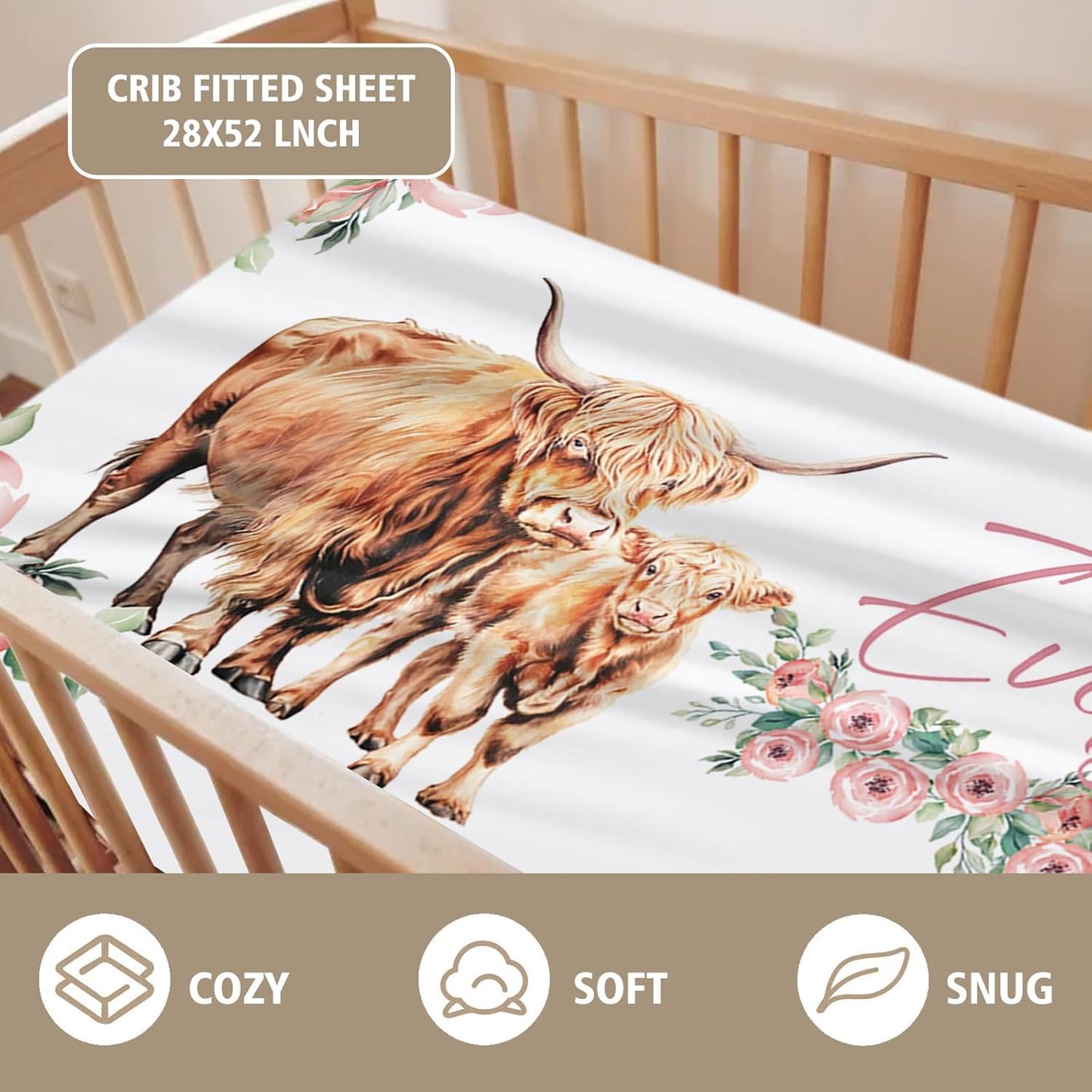 Custom Name Crib Bedding Set - Highland Cow Design, Personalized Floral Nursery Bedding 3-Piece Set– Soft Blanket, Fitted Sheet, Changing Pad Cover – for Newborns Girls Nursery Gifts
