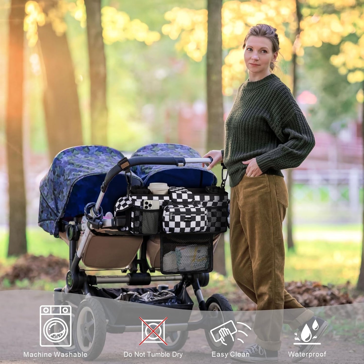 TOPDesign Universal Baby Stroller Organizer, Double Stroller Caddy with Detachable Mesh Bag & Heightened Insulated Cup Holders & Non-Slip Secure Hooks Accessories, Fits Most Strollers (Checkerboard)
