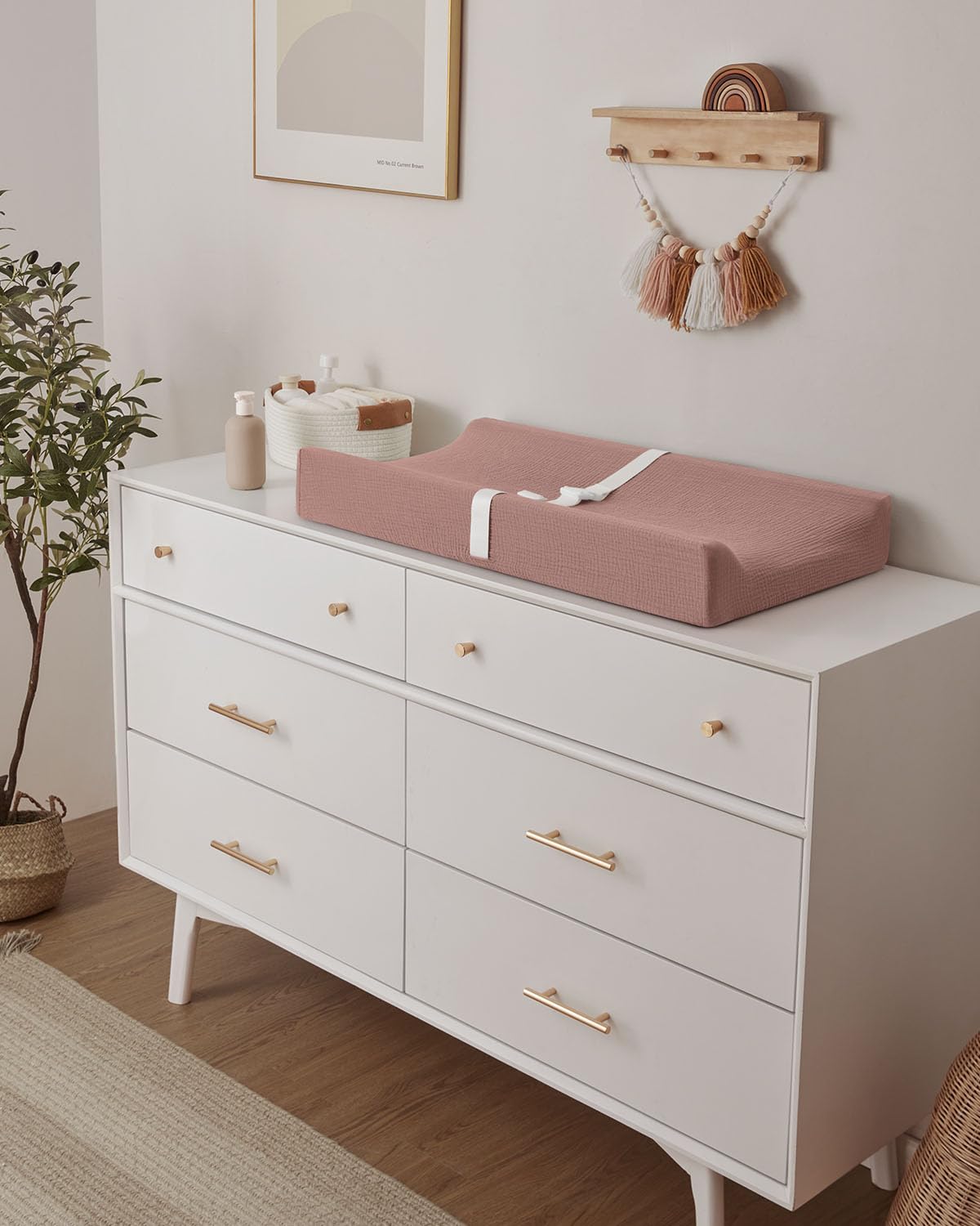 Blissful Diary Muslin Baby Changing Pad with Waterproof Lining Foam, Diaper Changing Table Pad with Cover for Dressers (Dusty Pink, Rectangular)