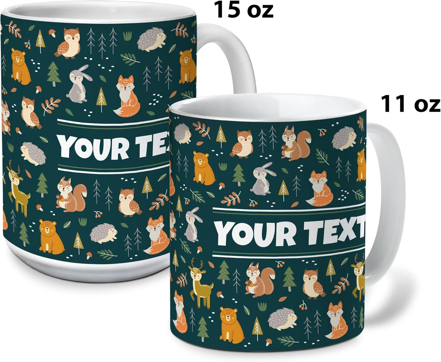 Personalized Mug for Kids - Woodland Animals - Custom Name/Text, Ceramic Hot Chocolate/Cocoa/Coffee Cup for Boys/Girls, Birthday/Christmas/Holiday Gift - 15 oz, Red Handle