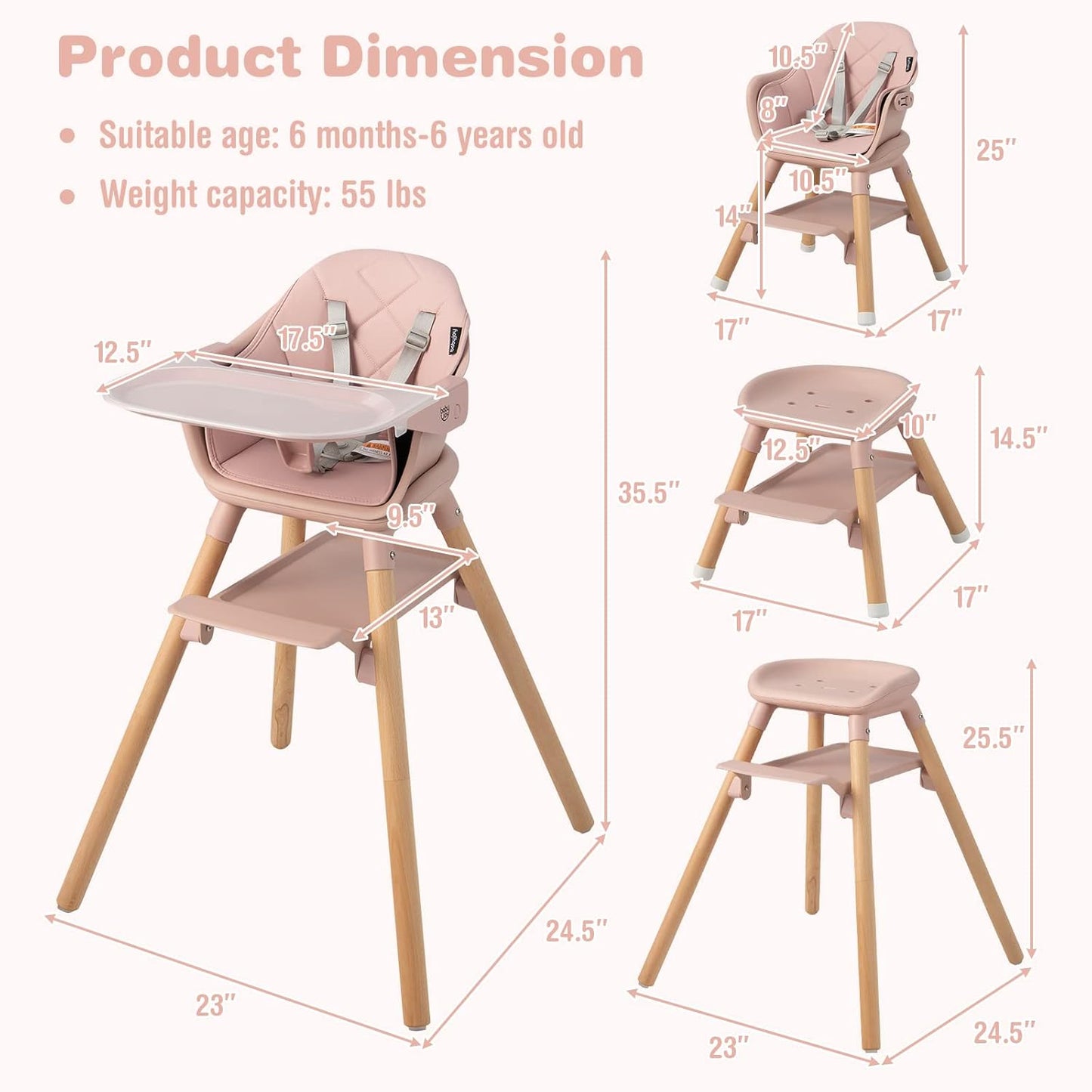 BABY JOY Baby High Chair, 6 in 1 Convertible Wooden High Chair for Babies & Toddlers with Adjustable Legs, Double Removable Tray, Safety Harness & Waterproof PU Cushion (Pink)