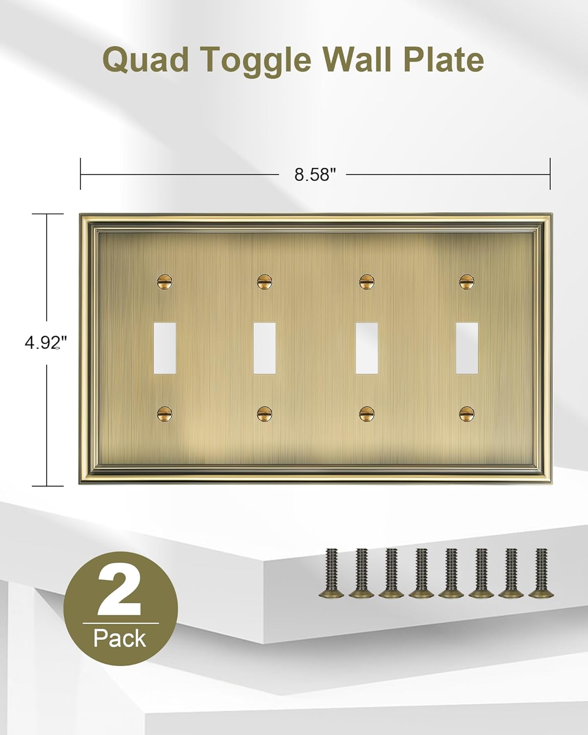 2-Pack Quad Toggle Light Switch Cover Plate, Durable Zinc Alloy Decorative Switch Plate Covers, Antique Brass 4 Gang Wall Plate for Toggle Light Switch and Rotary Dimmer Switch