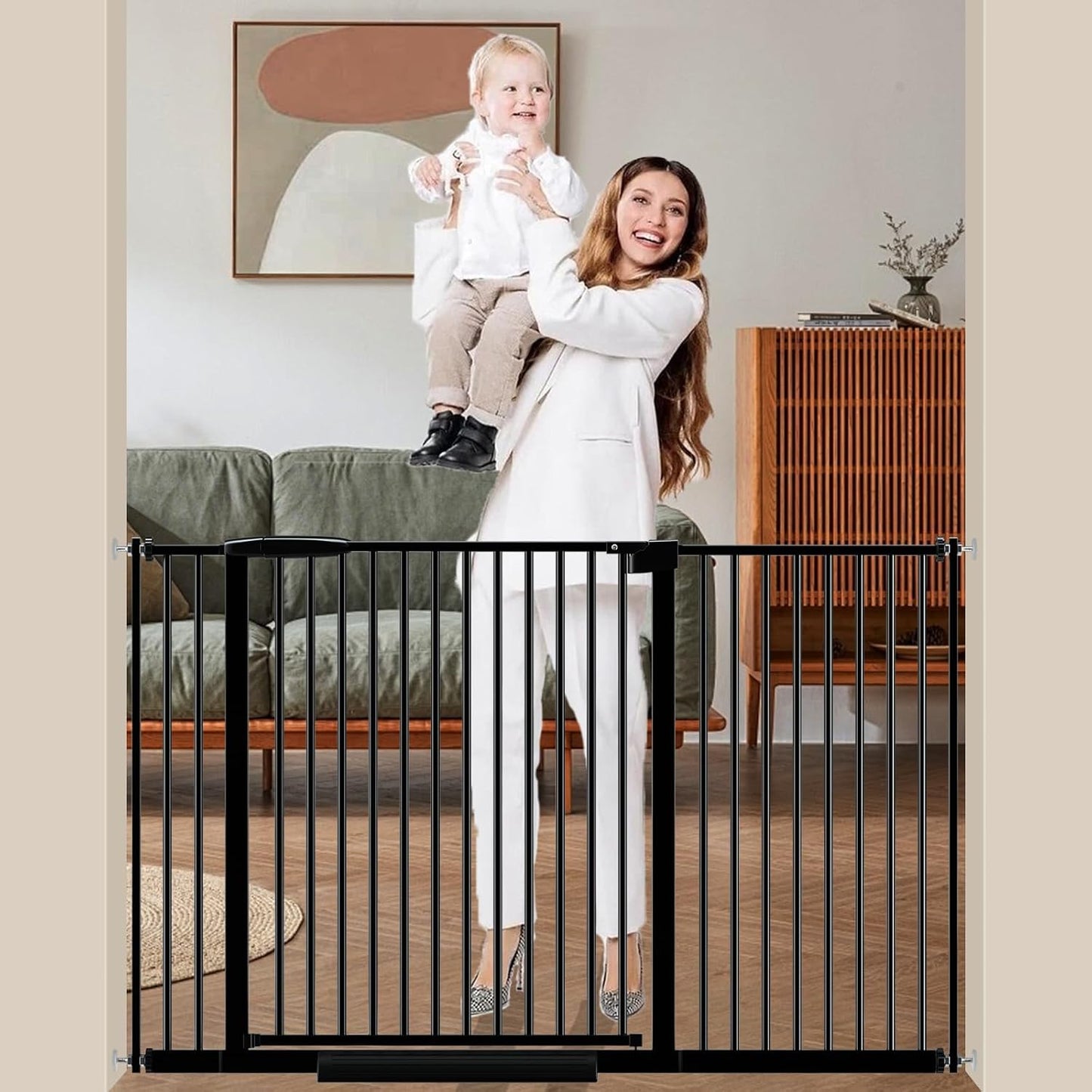 DEARBB Extra Wide Baby Gate Ultra Narrow Spacing 30.11-77.36" Pressure Mounted Double Lock Swing Auto Close Walk Through Metal Safety Pet Gate for Stairs and House Doorway Kitchen
