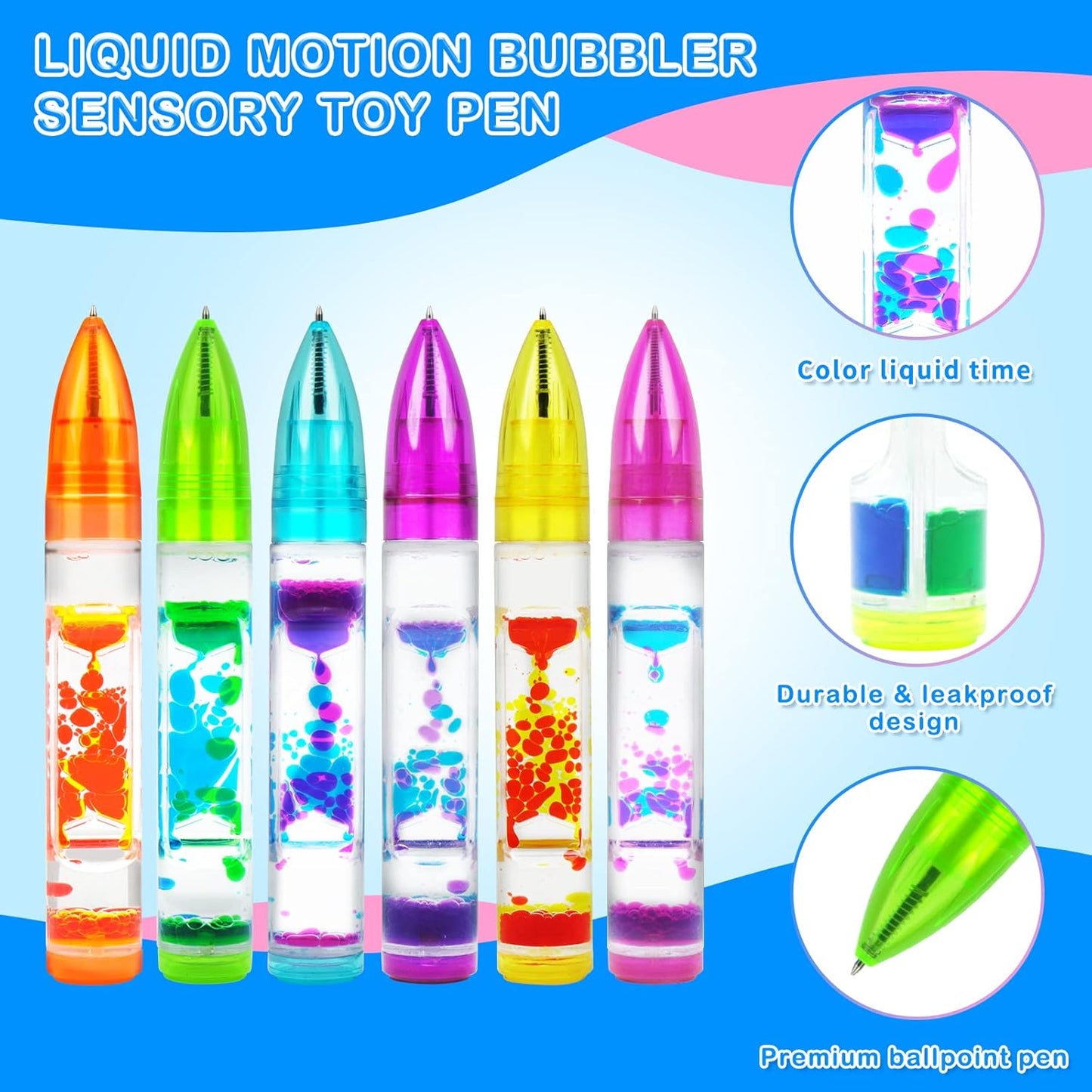 Liquid Motion Bubbler Sensory Toy Pen, Colorful Liquid Timer Pens Great for Stress and Anxiety Relief,Sand Timer for Kids and Adults(6 Pack)