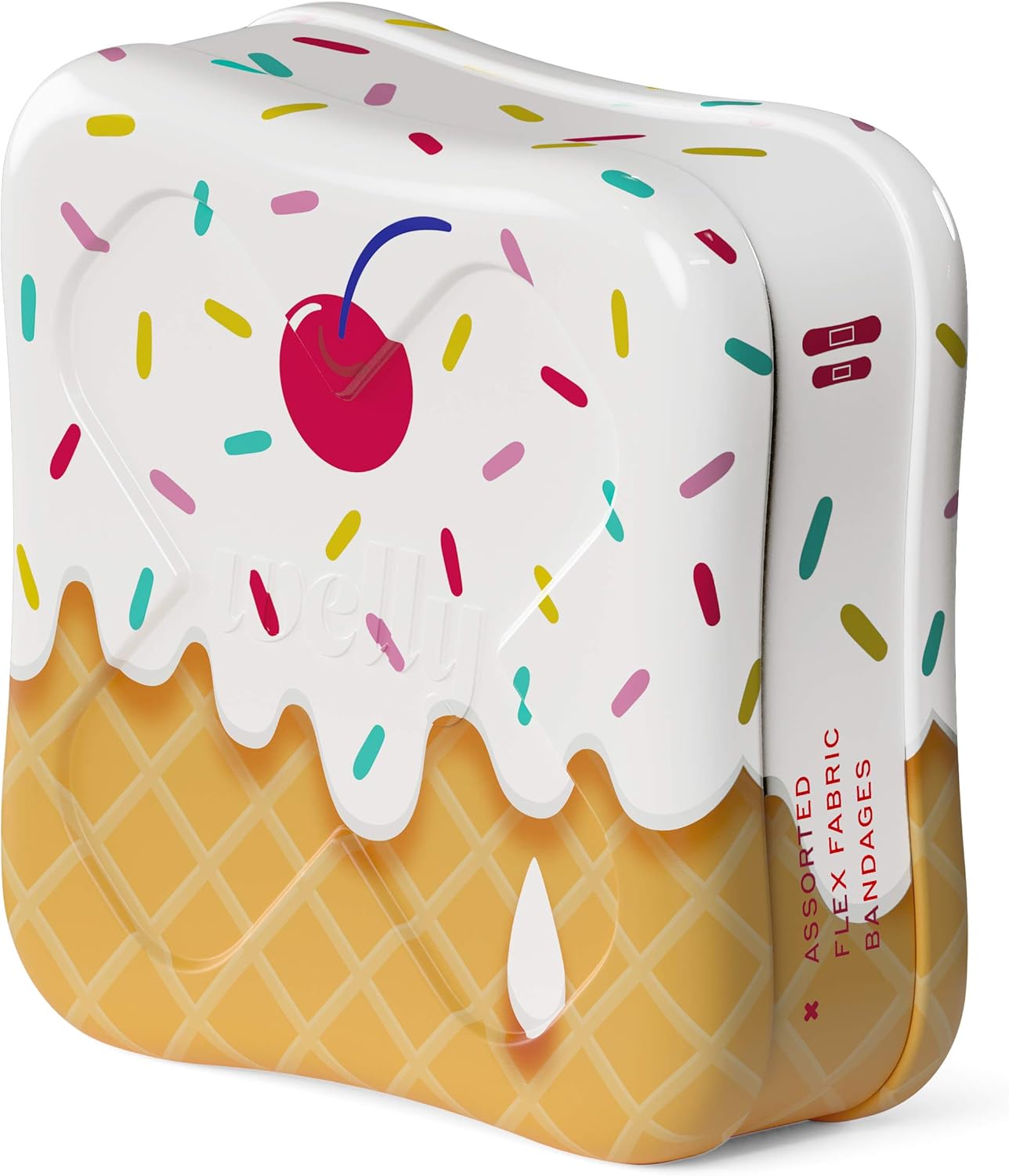 Welly Bandages | Adhesive Flexible Fabric Bravery Badges | Assorted Shapes for Minor Cuts, Scrapes, and Wounds | Colorful and Fun First Aid Tin | Ice Cream Patterns - 48 Count