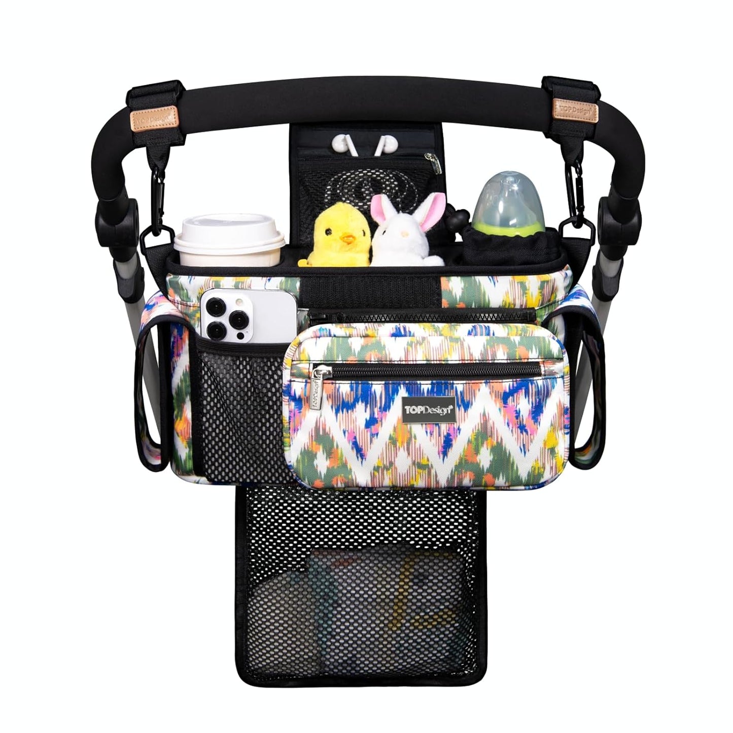 TOPDesign Universal Baby Stroller Organizer Caddy with Detachable Mesh Bag & Heightened Insulated Cup Holders & Non-Slip Secure Hooks Accessories, Fits Most Strollers (Colorful)