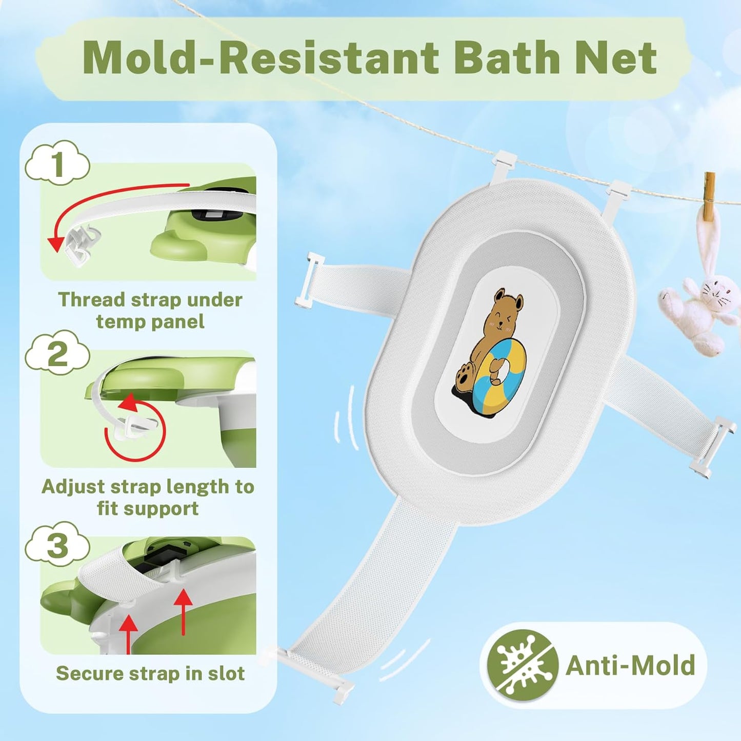 AVIDOR Baby Bathtub,Collapsible Bathtub for Newborn to Toddler,Durable Essential Infant Bath Tub,Portable Travel Baby Tub with Soft Cushion,No-Slip Hanging and Detachable(Green)